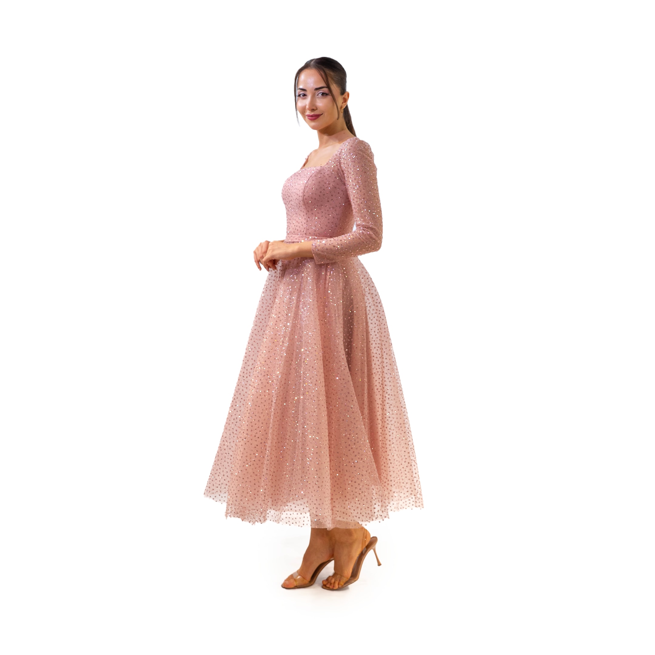 Maya Kare Yaka Kollu Simli Kloş Midi Boy Pembe Elbise