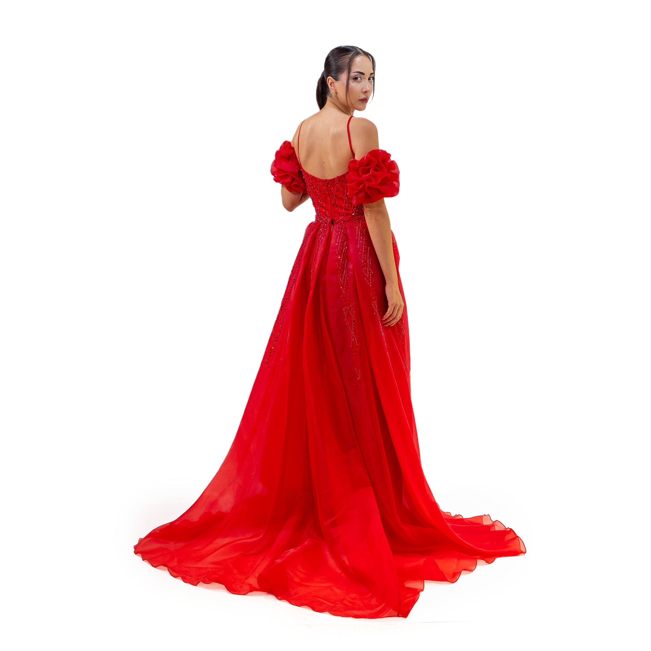 Henna Night U Yaka Boncuk Detaylı Belden Pelerinli Balon Kol Kırmızı Elbise