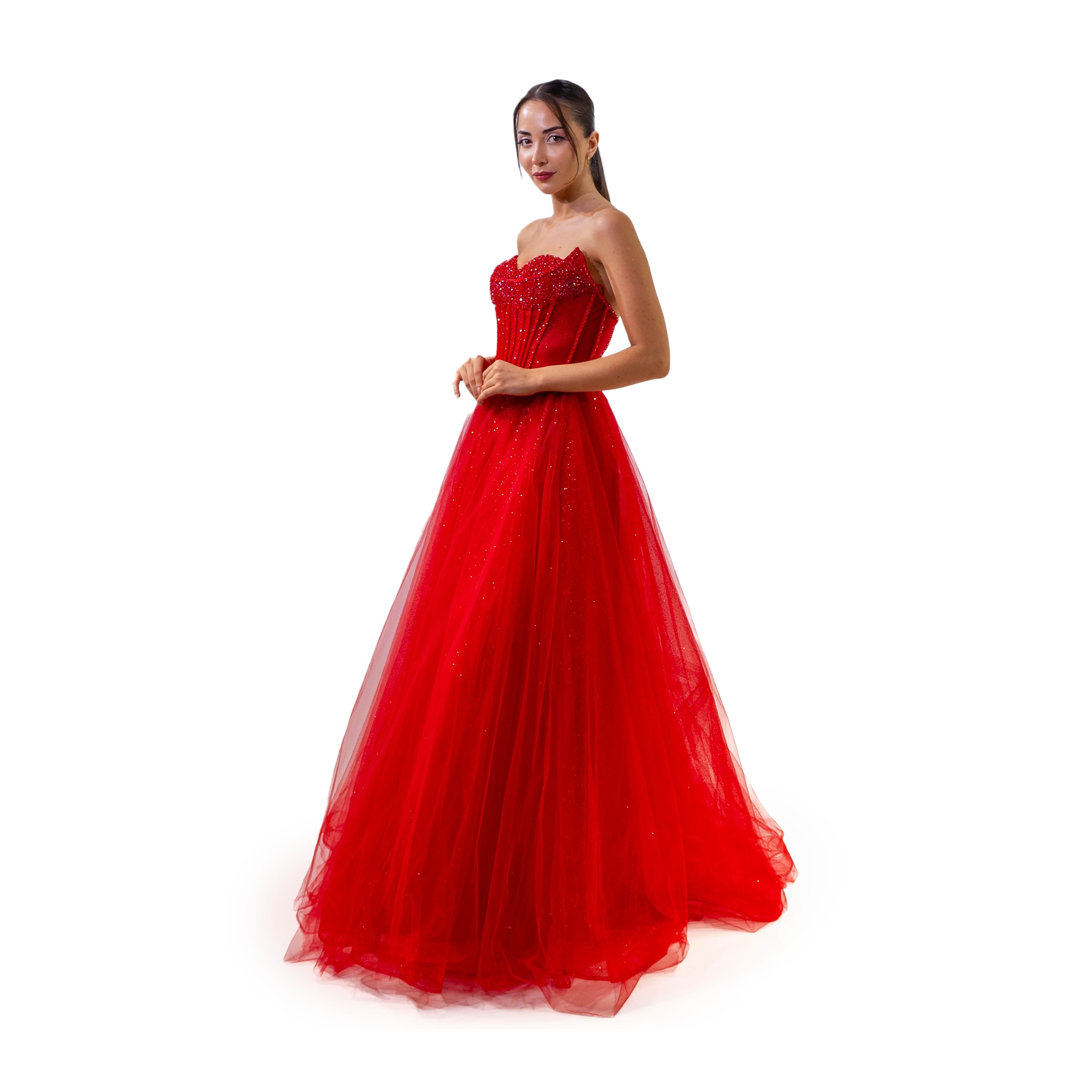 Henna Night Çift Yaka Korsajlı Boncuklu Simli Tül Etek Kırmızı Elbise