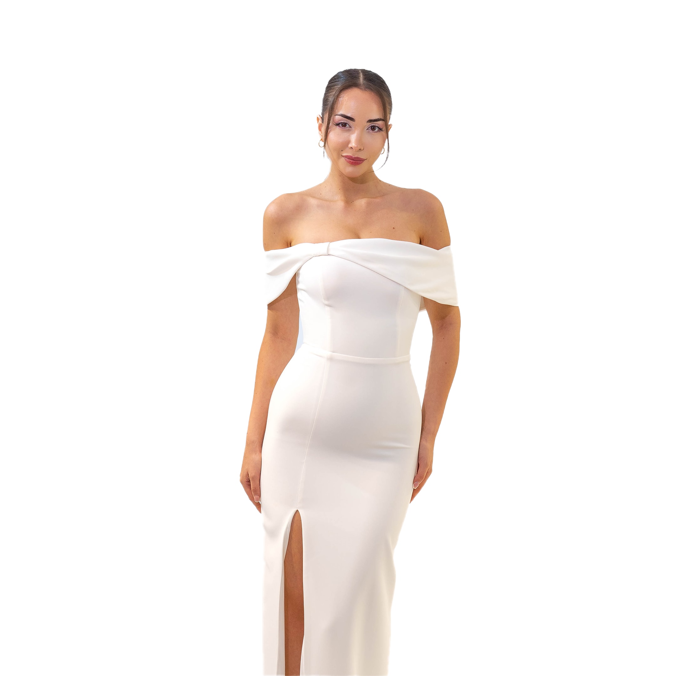 Kuğu Kayık Yaka Krep Kumaş Balık Beyaz Elbise