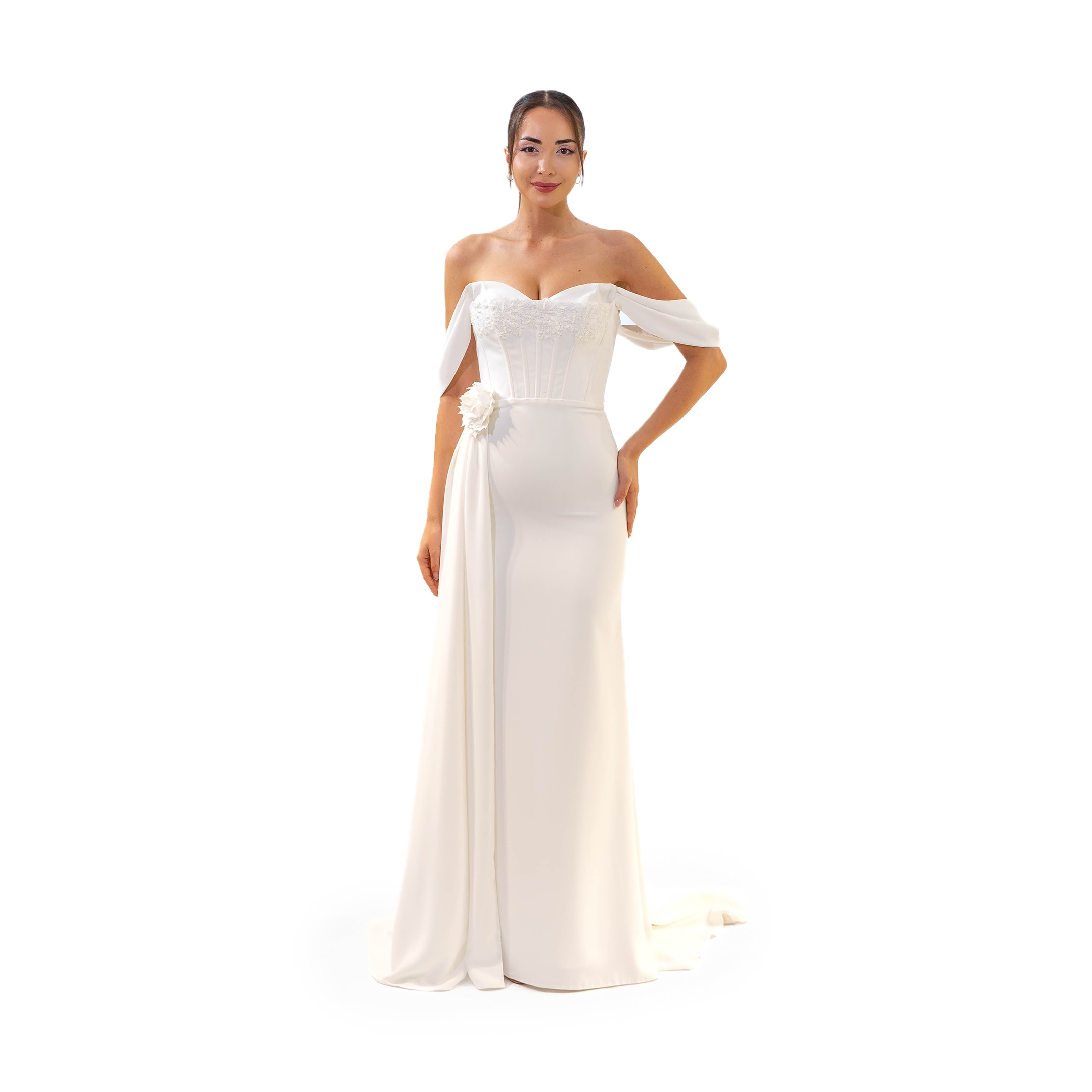 Kuğu Madonna Yaka Korsaj Detaylı Beyaz Uzun Elbise