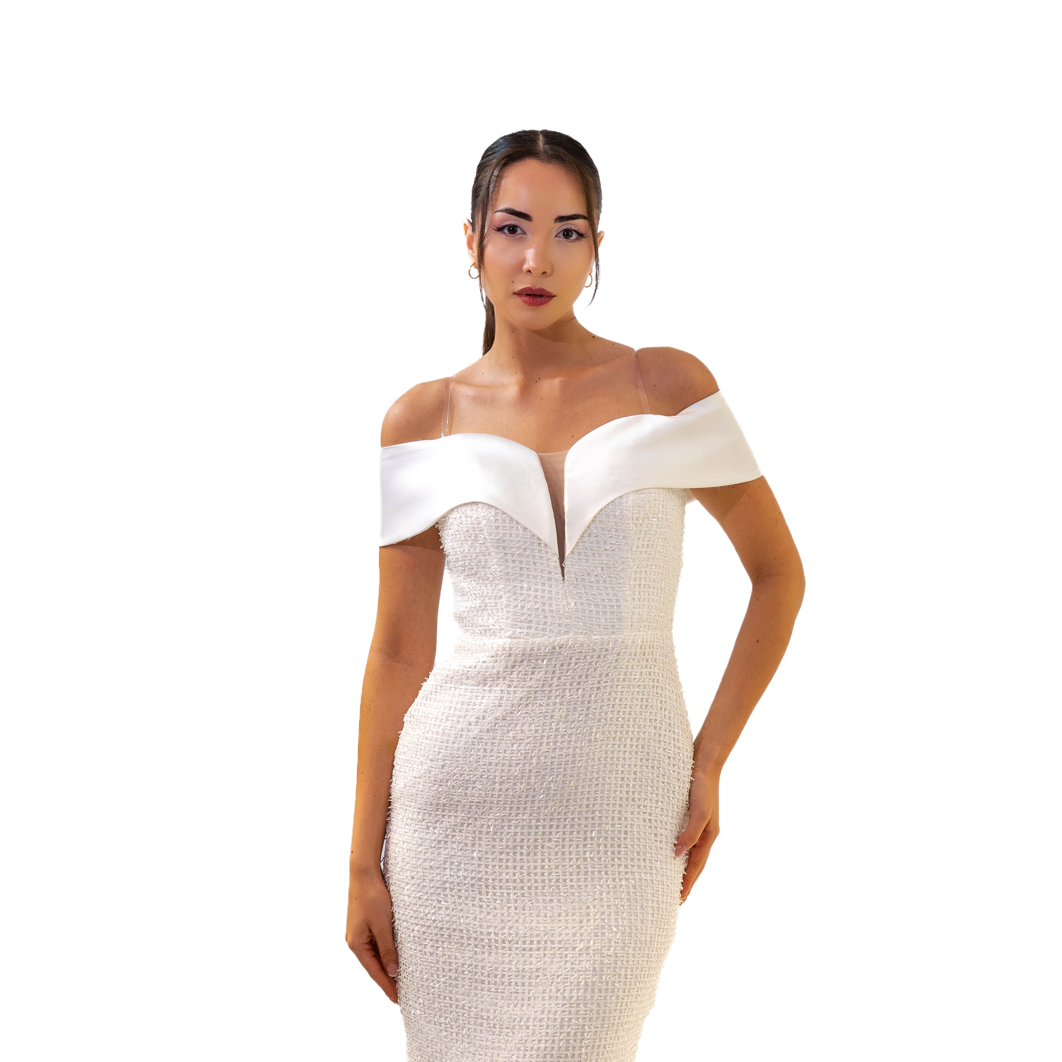 Kuğu Madonna Yaka Boncuk İşlemeli Maxi Boy Elbise