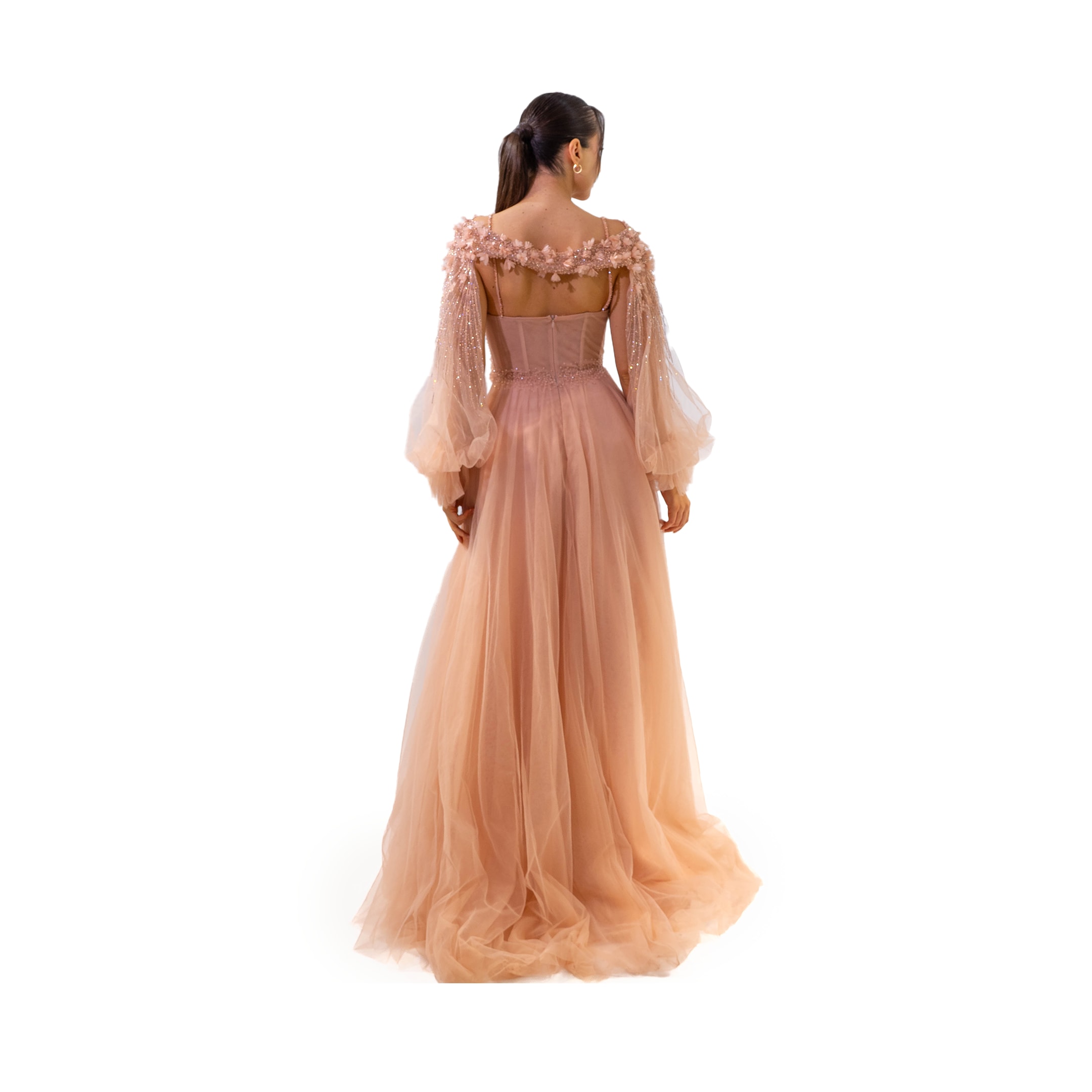 Alacarte Helen Etek Komple Boncuk Nakış Kol Detaylı Pudra Elbise