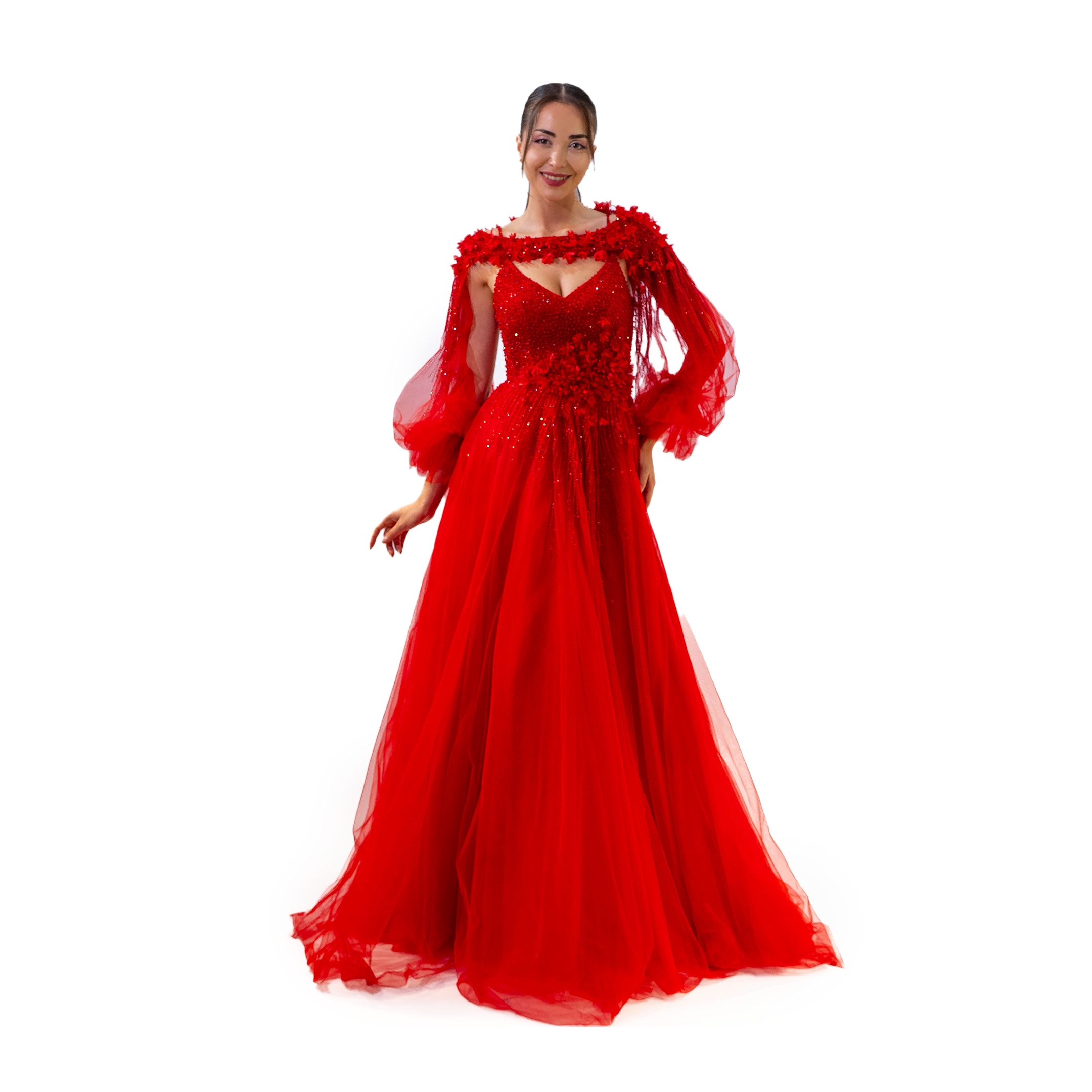 Henna Night Helen Etek Komple Boncuk Nakış Kol Detaylı Kırmızı Elbise