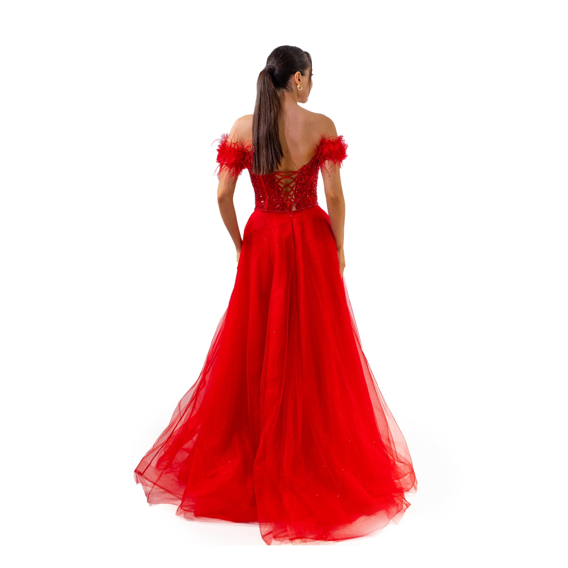 Henna Night Korsajlı Boncuklu Helen Tül Etek Kırmızı Uzun Elbise