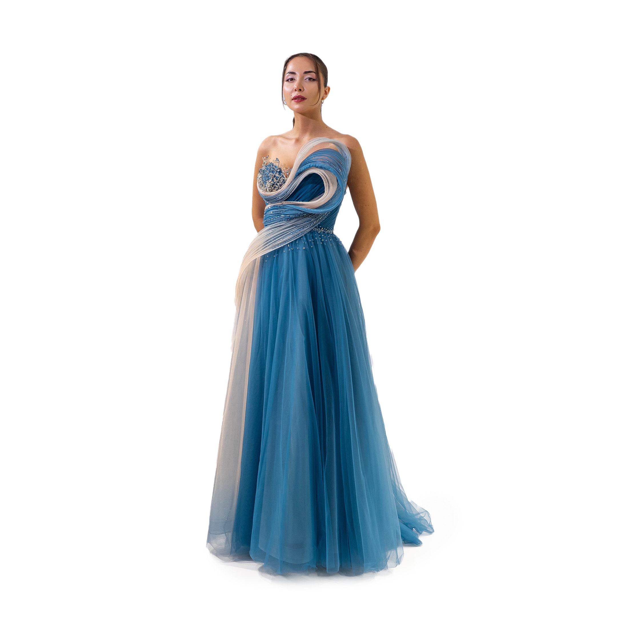 Alacarte Plise Yaka Detaylı Tül Helen Model Uzun Turkuaz Elbise