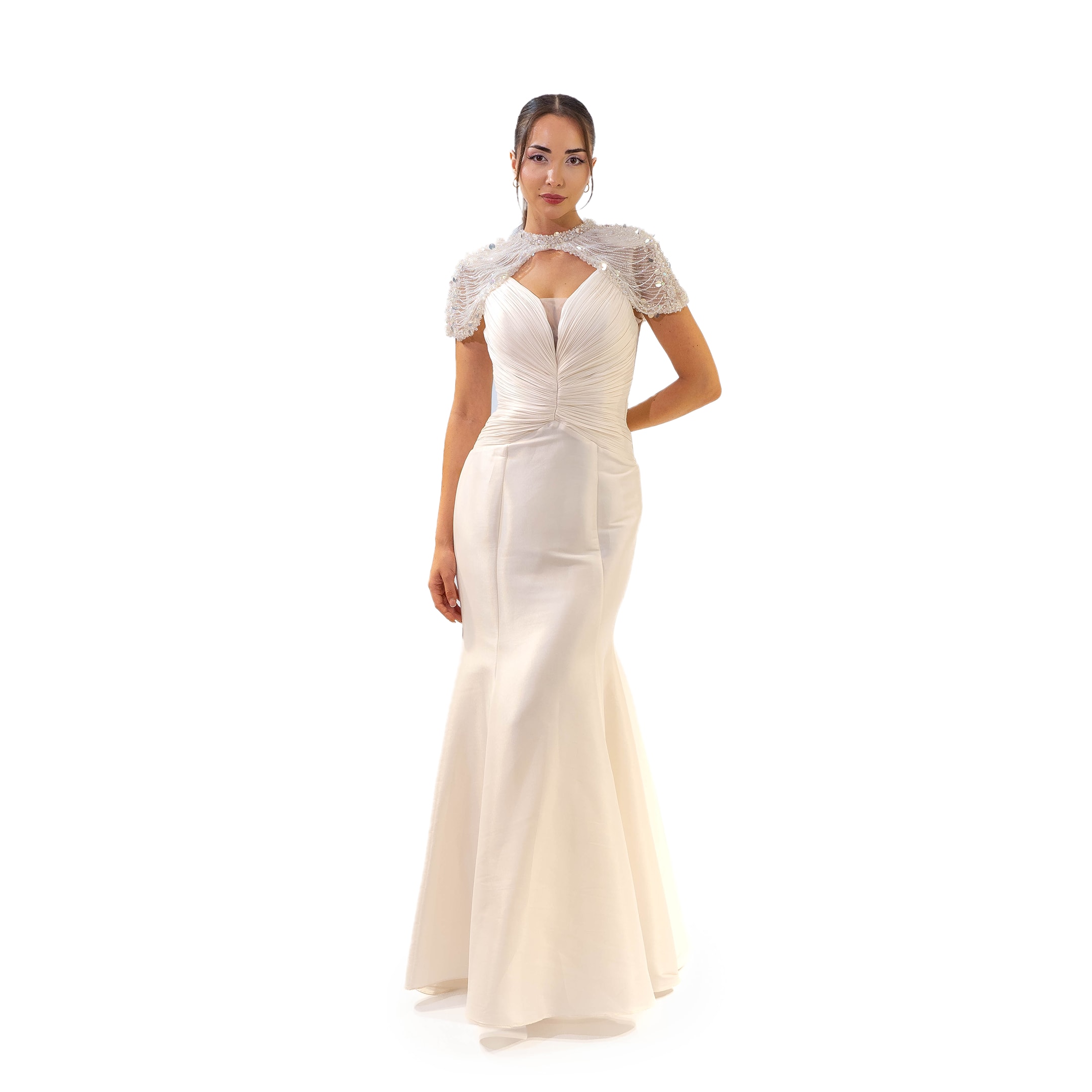 Kuğu Omuz Boncuk Detaylı Likralı Tafta Balık Ekru Elbise