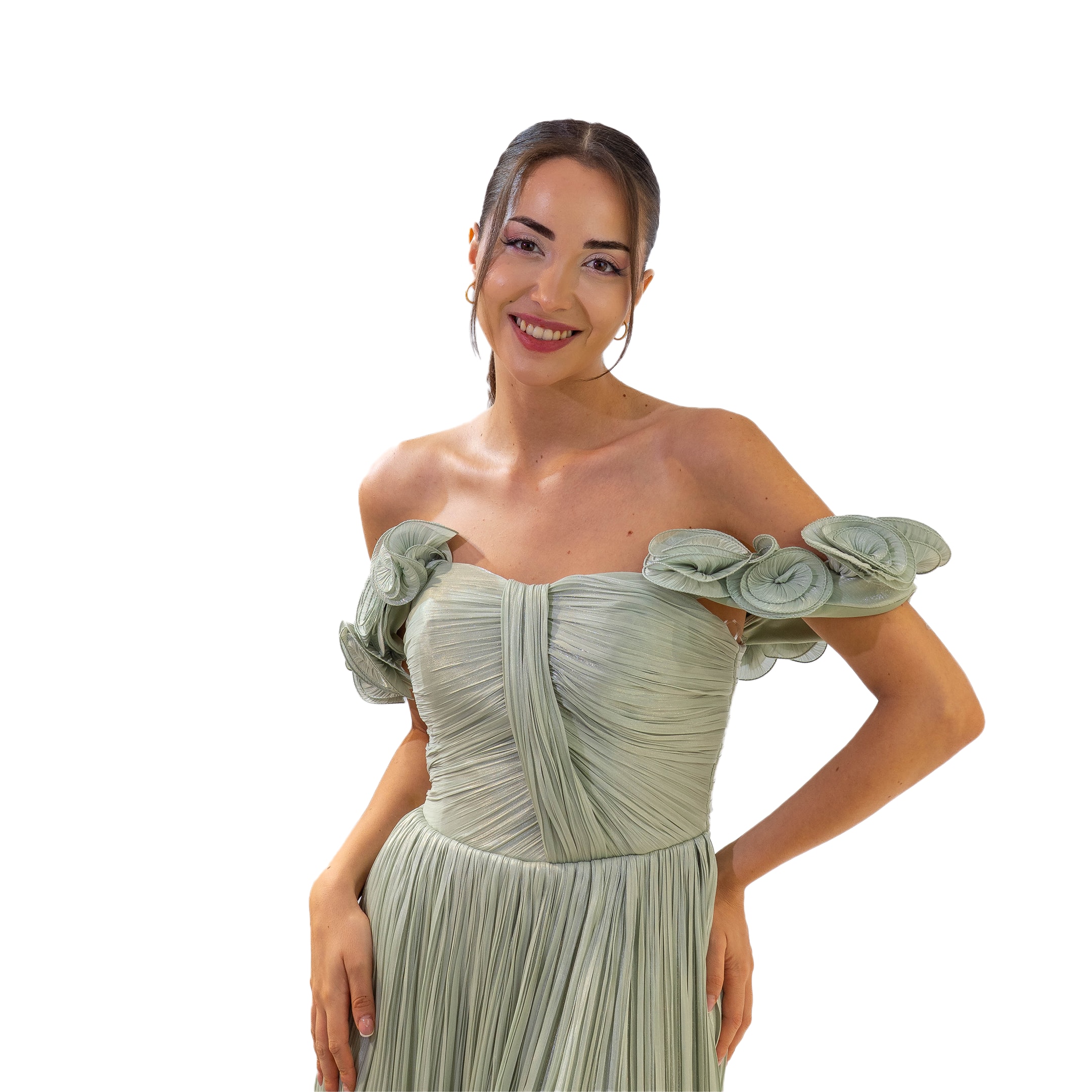 Vakko Stil Düşük Kol Çiçek Detaylı Pliseli Kloş Mint Elbise