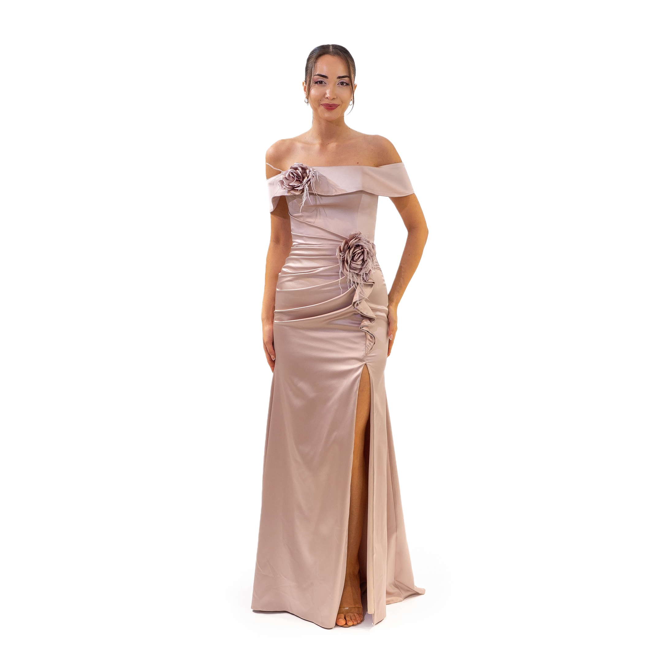 Sindirella Kayık Yaka Saten Yırtmaçlı Vizon Elbise