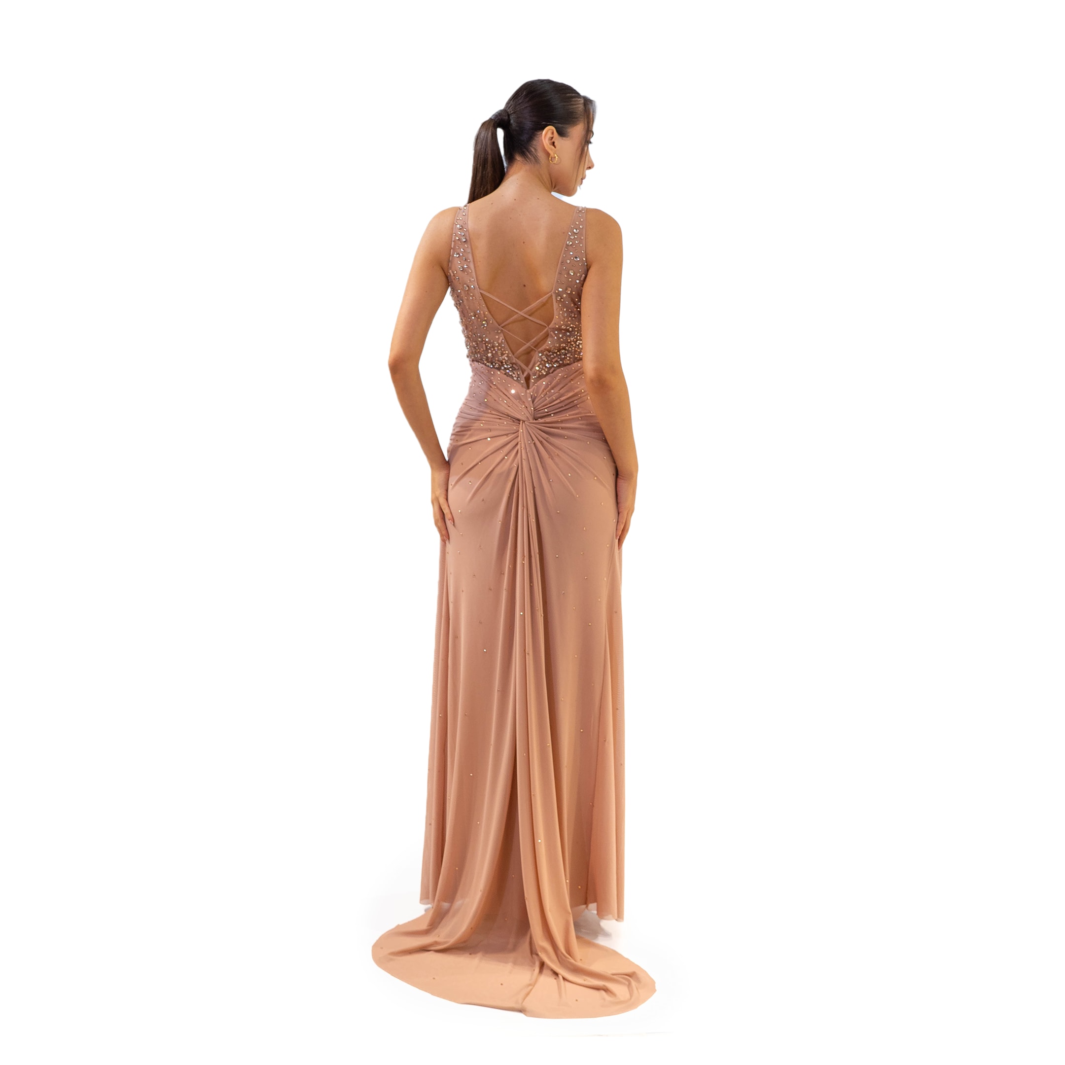 Sindirella Drapeli Likralı Tül Kumaş Taşlı Pudra Elbise