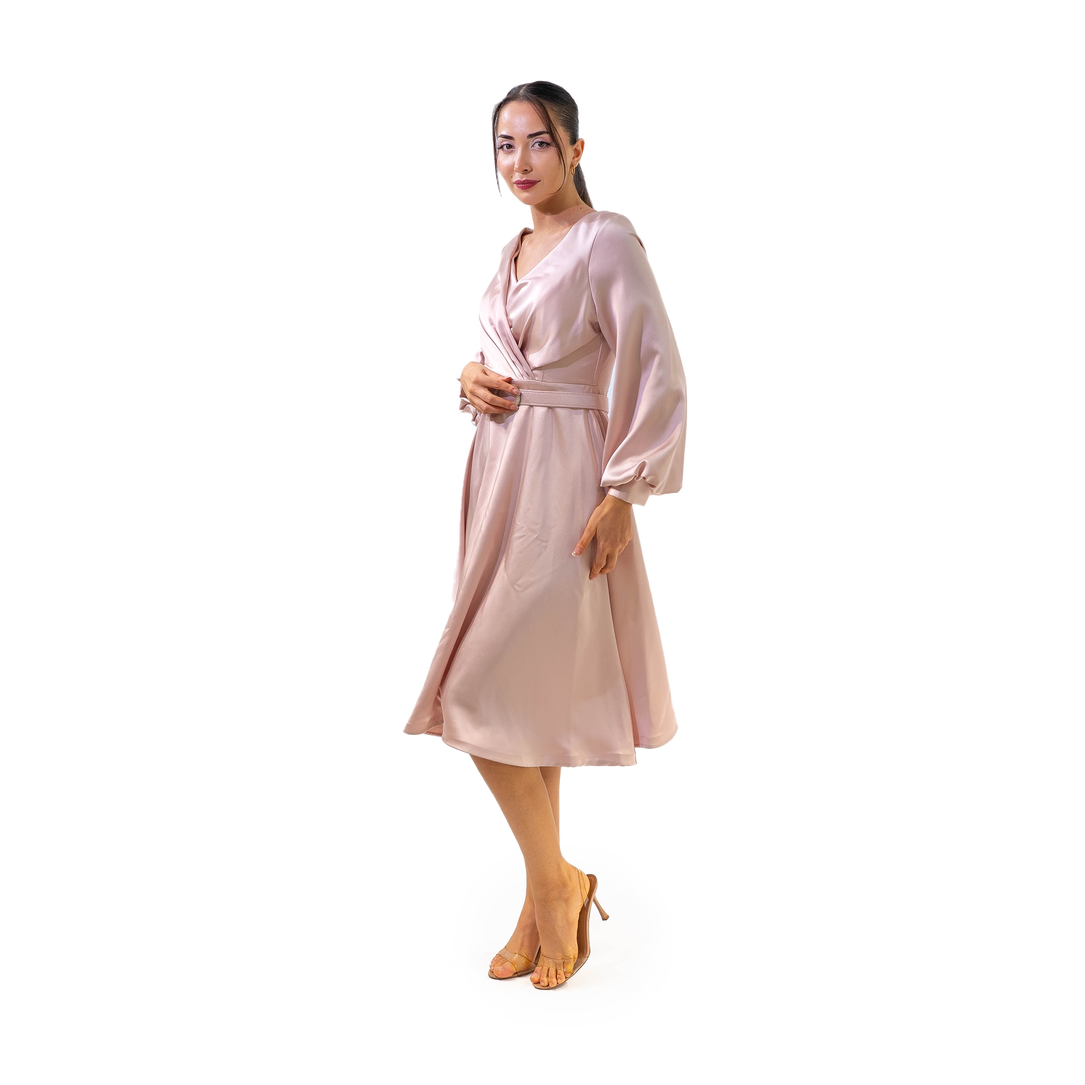 Maya Uzun Kollu Saten Midi Boy Pembe Elbise