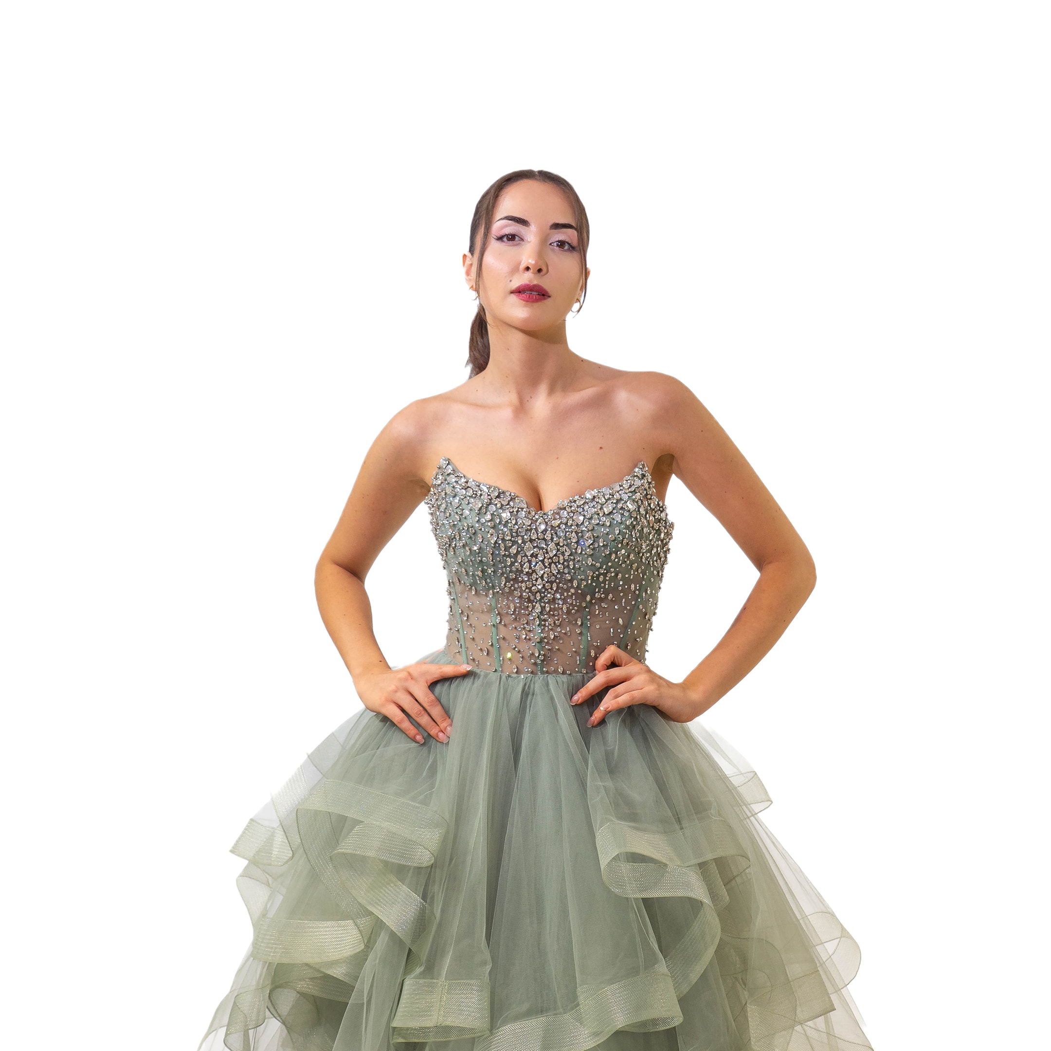 Alacarte Sivri Yaka Büstiyer Üst Taşlı Etek Kat Fırfır Detaylı Kırmızı Elbise