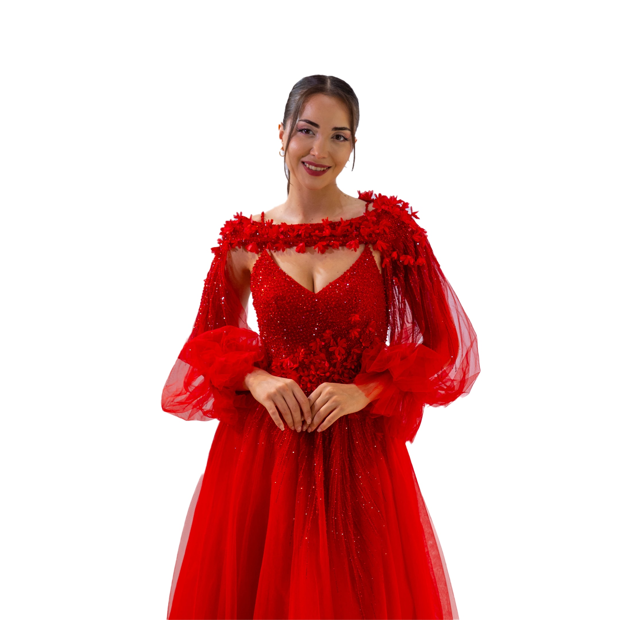 Henna Night Helen Etek Komple Boncuk Nakış Kol Detaylı Kırmızı Elbise