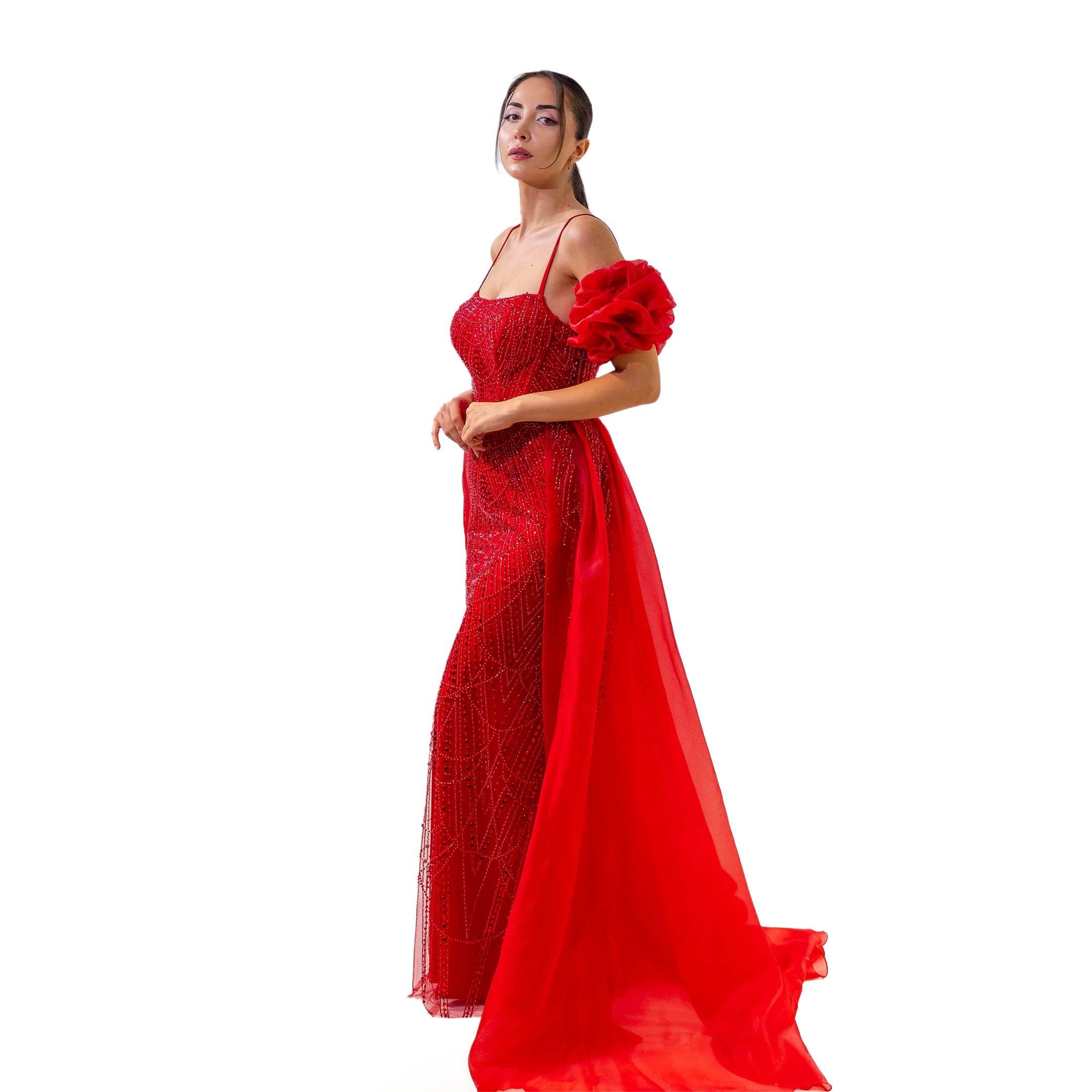 Henna Night U Yaka Boncuk Detaylı Belden Pelerinli Balon Kol Kırmızı Elbise