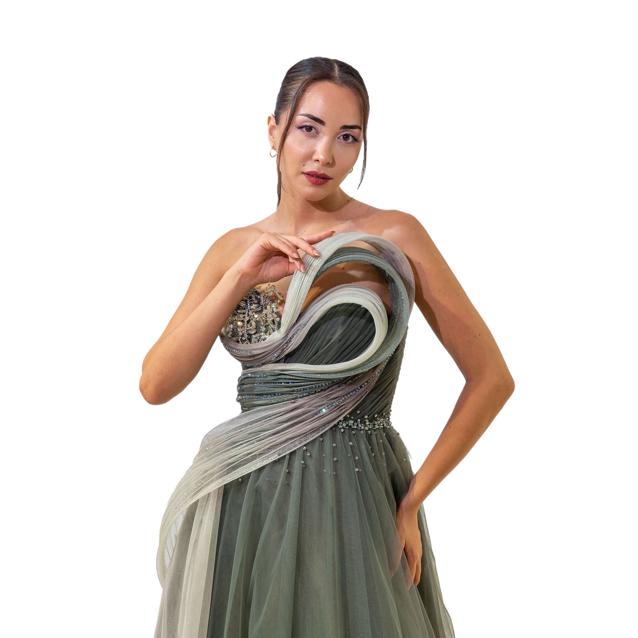 Alacarte Plise Yaka Detaylı Tül Helen Model Uzun Mint Yeşil Elbise