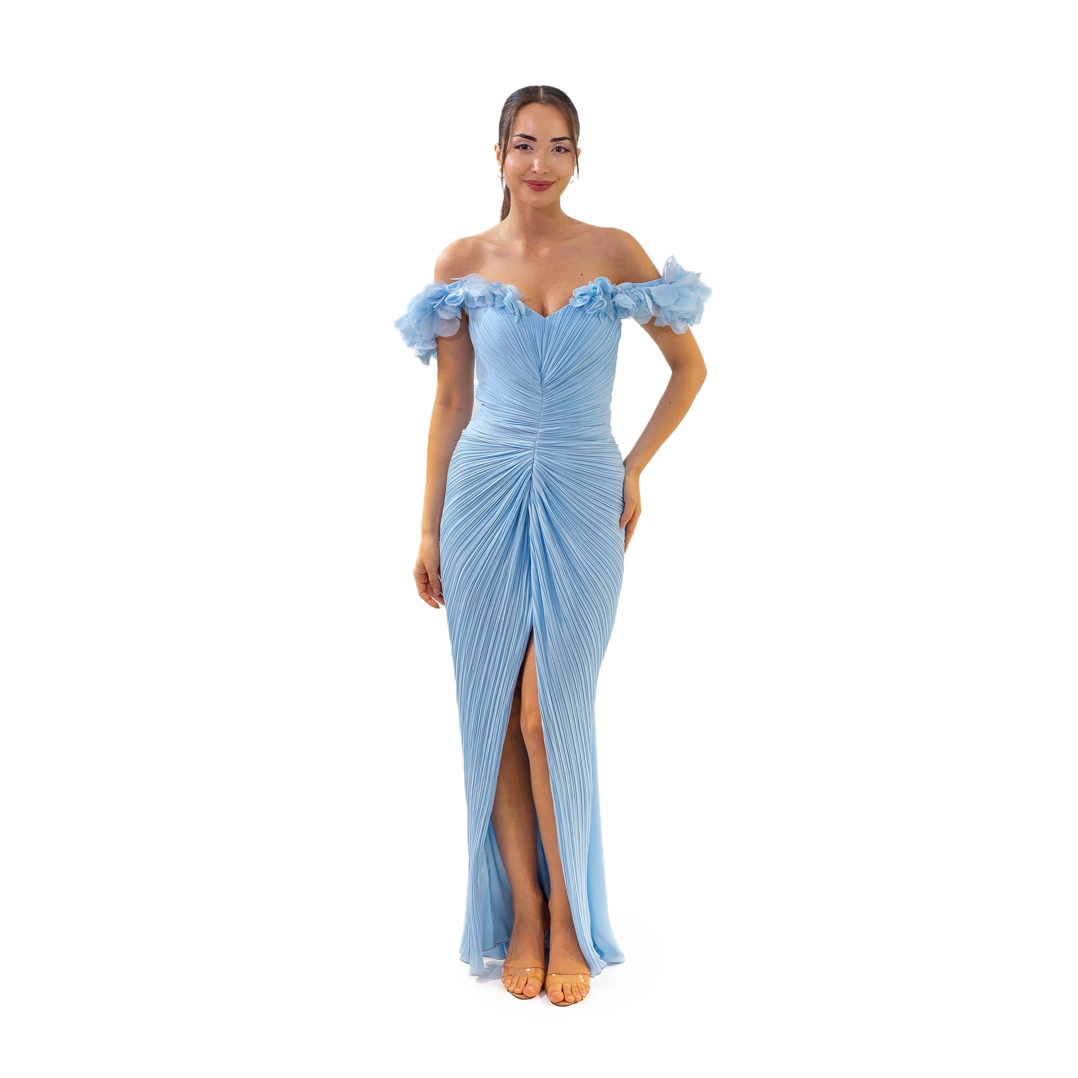 Vakko Stil Kayık Yaka Yırtmaçlı Plise Kumaş Mavi Elbise