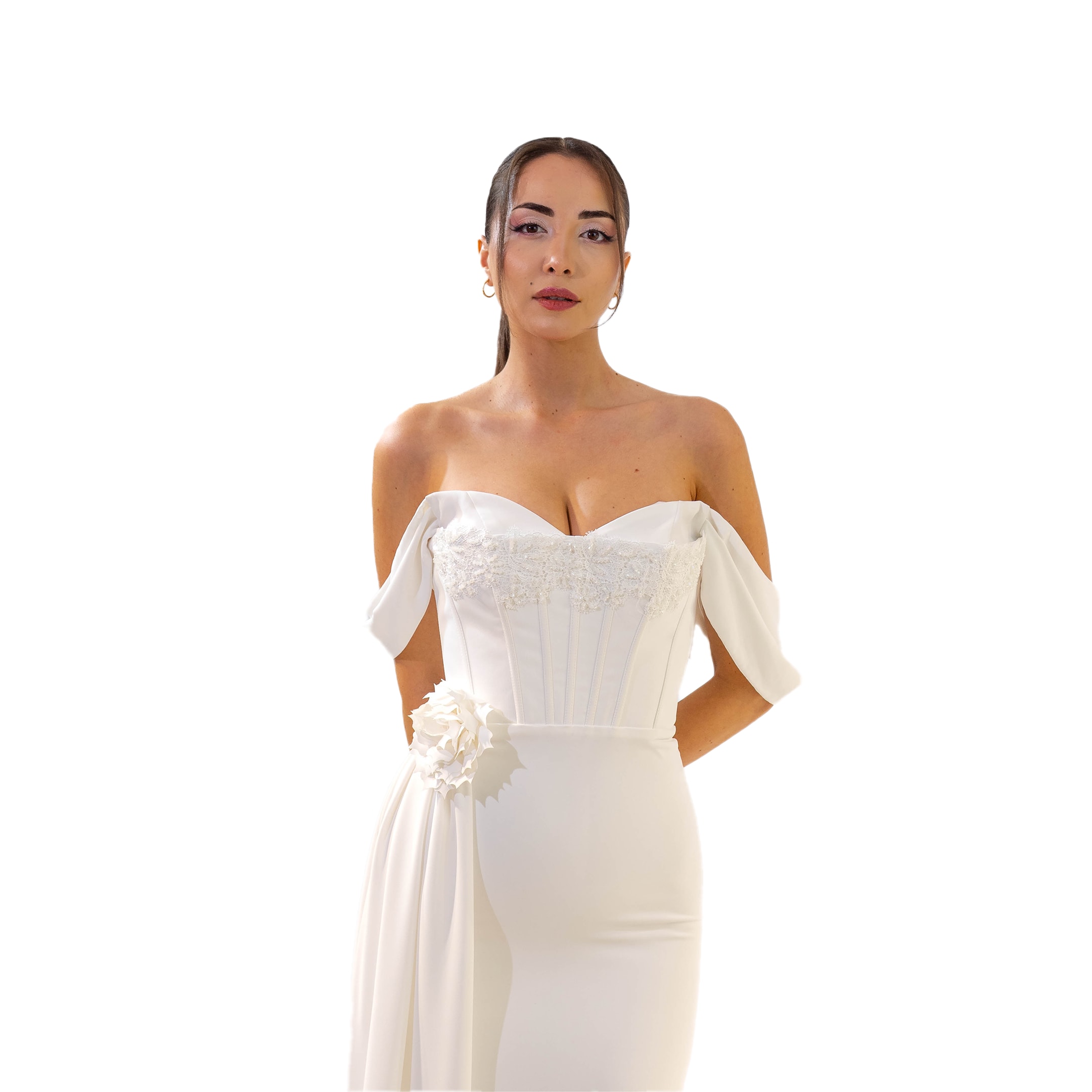 Kuğu Madonna Yaka Korsaj Detaylı Beyaz Uzun Elbise