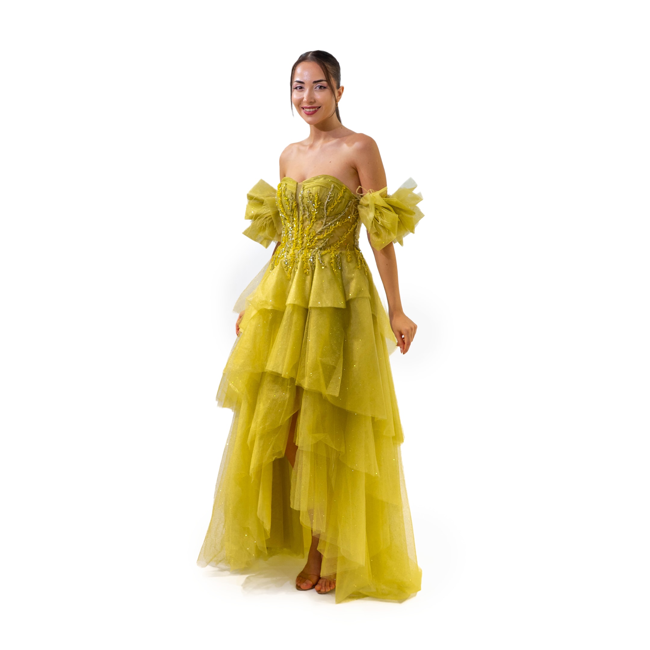 Alacarte Straplez Korsajlı Boncuk Detaylı Katlı Etek Fıstık Yeşil Elbise