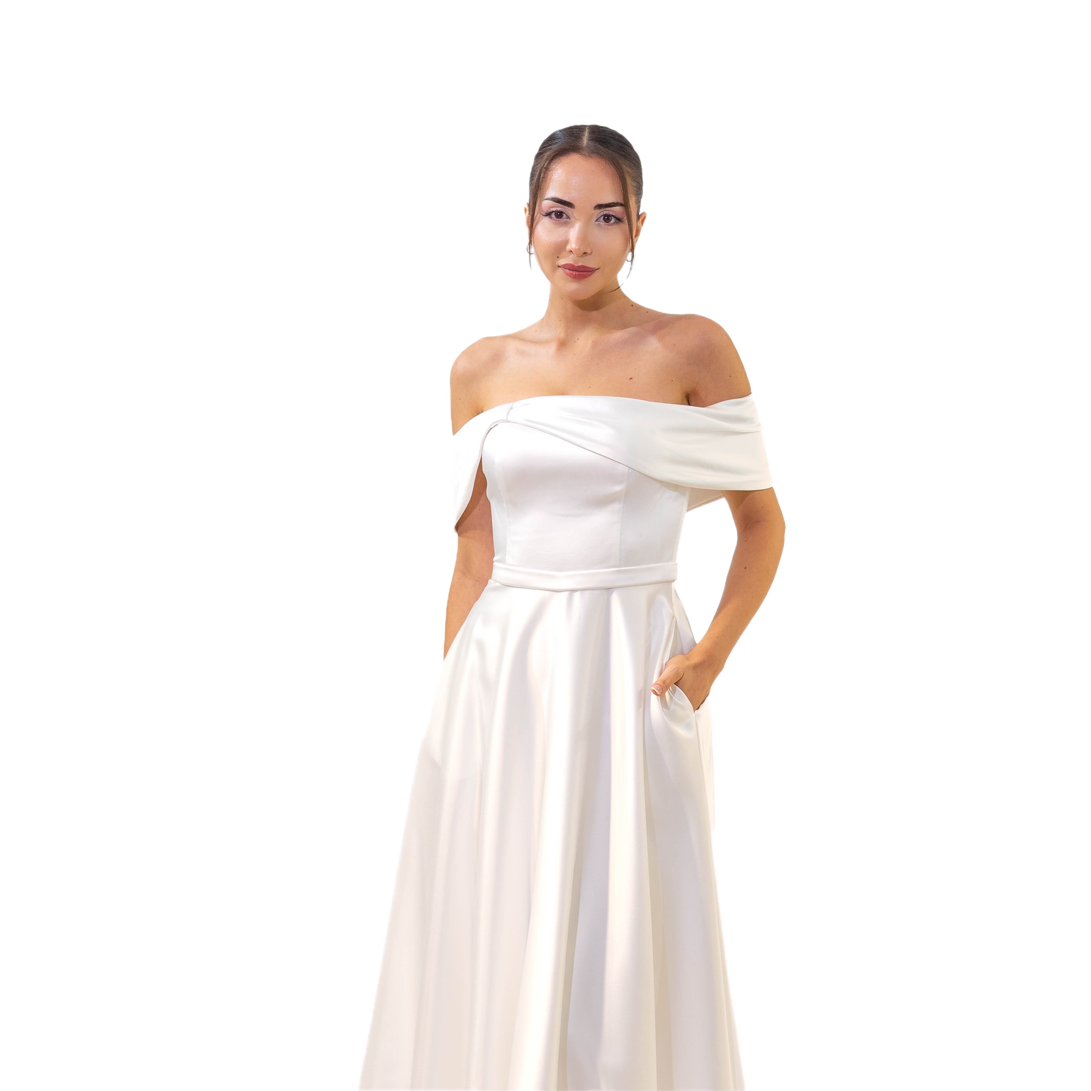 Kuğu Kloş Kayık Yaka Midi Boy Beyaz Elbise