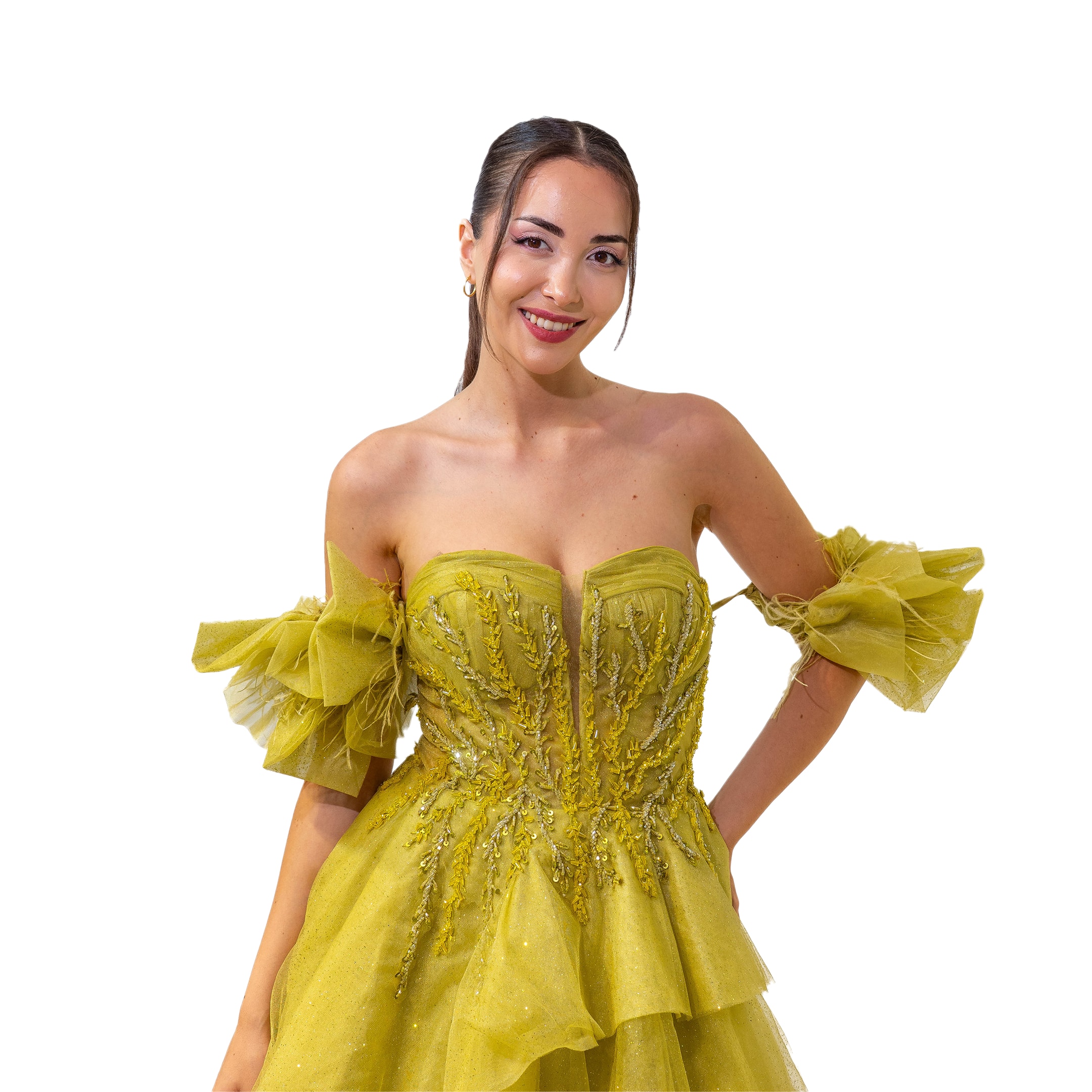 Alacarte Straplez Korsajlı Boncuk Detaylı Katlı Etek Fıstık Yeşil Elbise