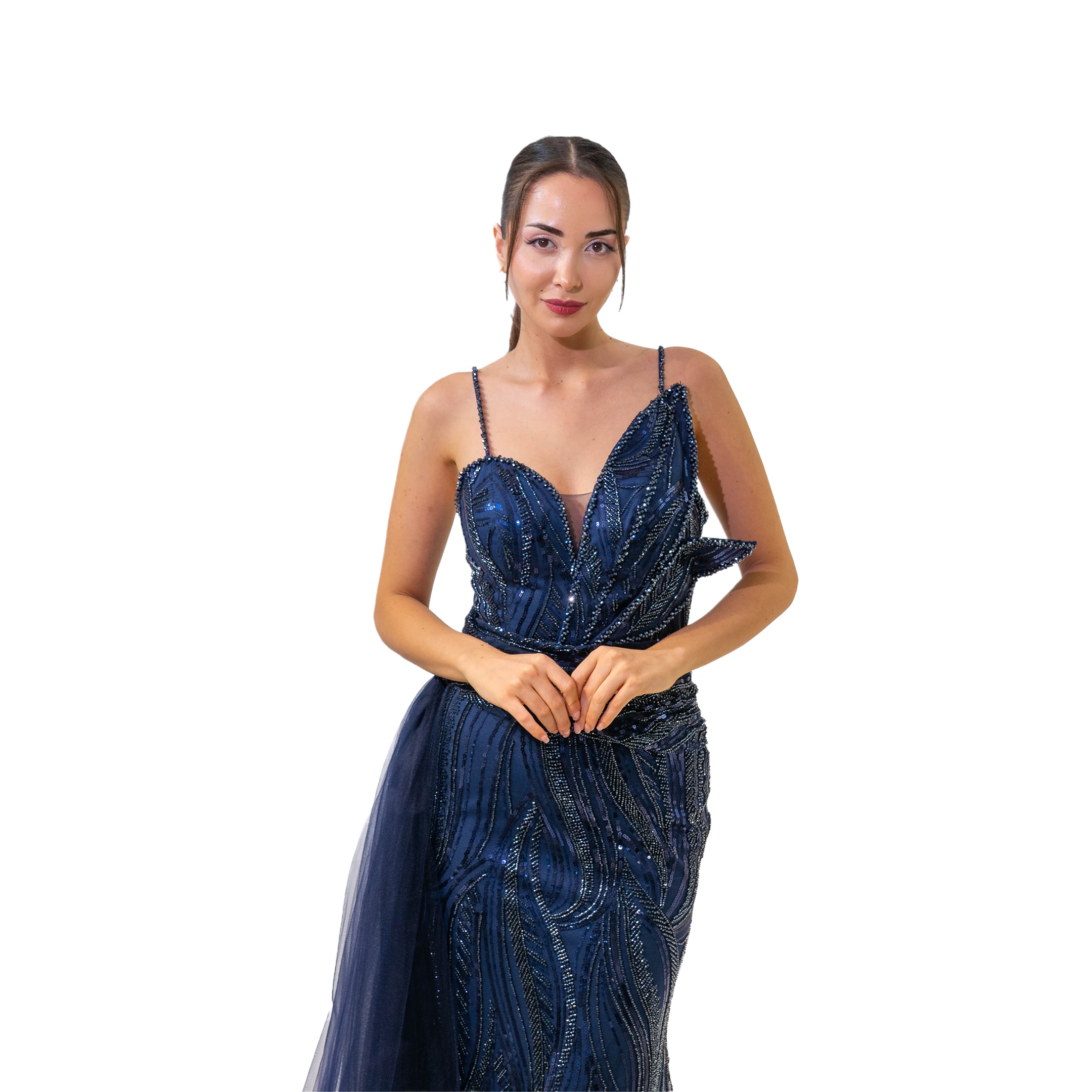 Gökyüzü Boncuklu Yaprak Yaka Detay Balık Uzun Lacivert Elbise