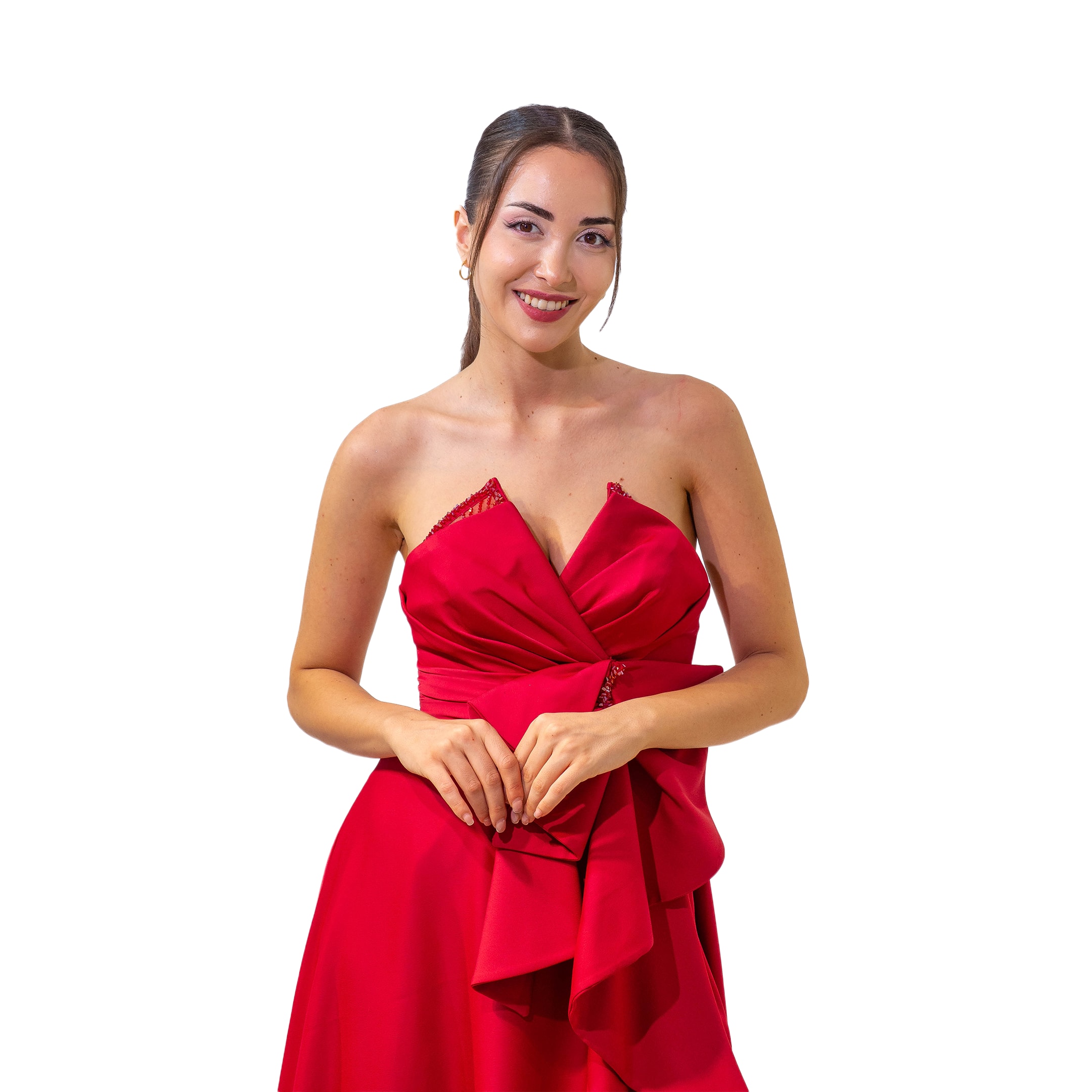 Henna Night Sivri Yaka Parlak Saten Kloş Bordo Uzun Elbise