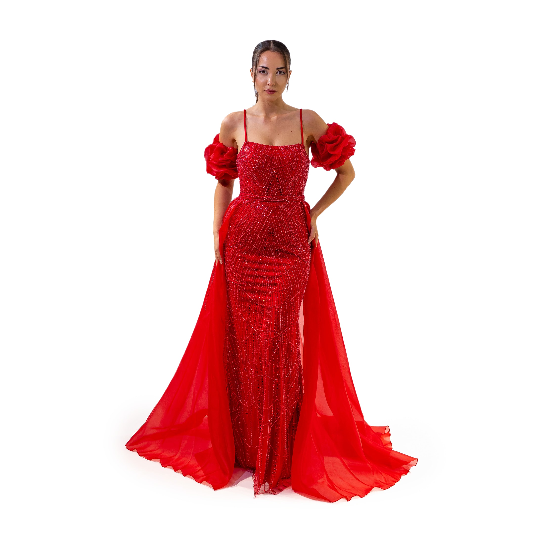 Henna Night U Yaka Boncuk Detaylı Belden Pelerinli Balon Kol Kırmızı Elbise