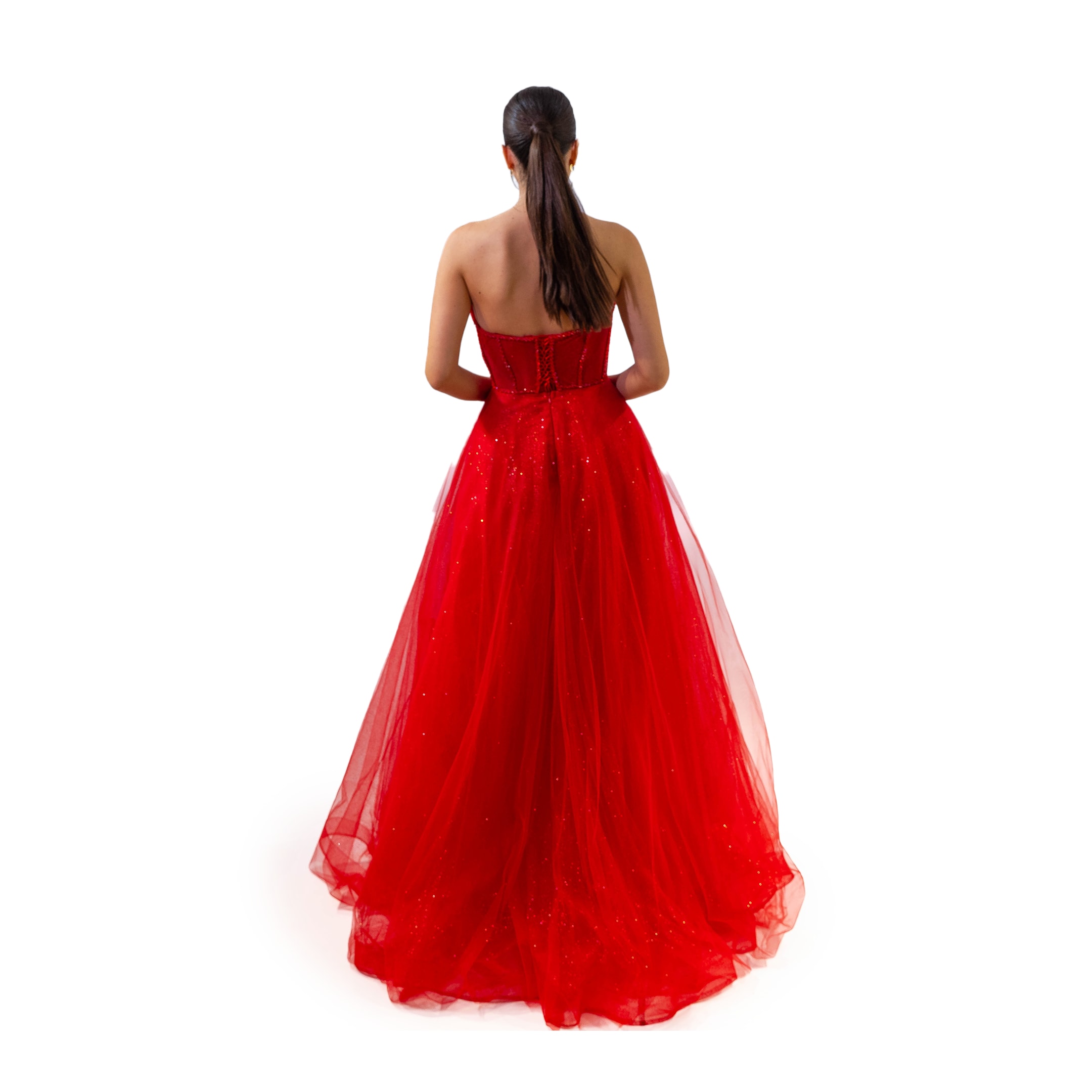 Henna Night Çift Yaka Korsajlı Boncuklu Simli Tül Etek Kırmızı Elbise