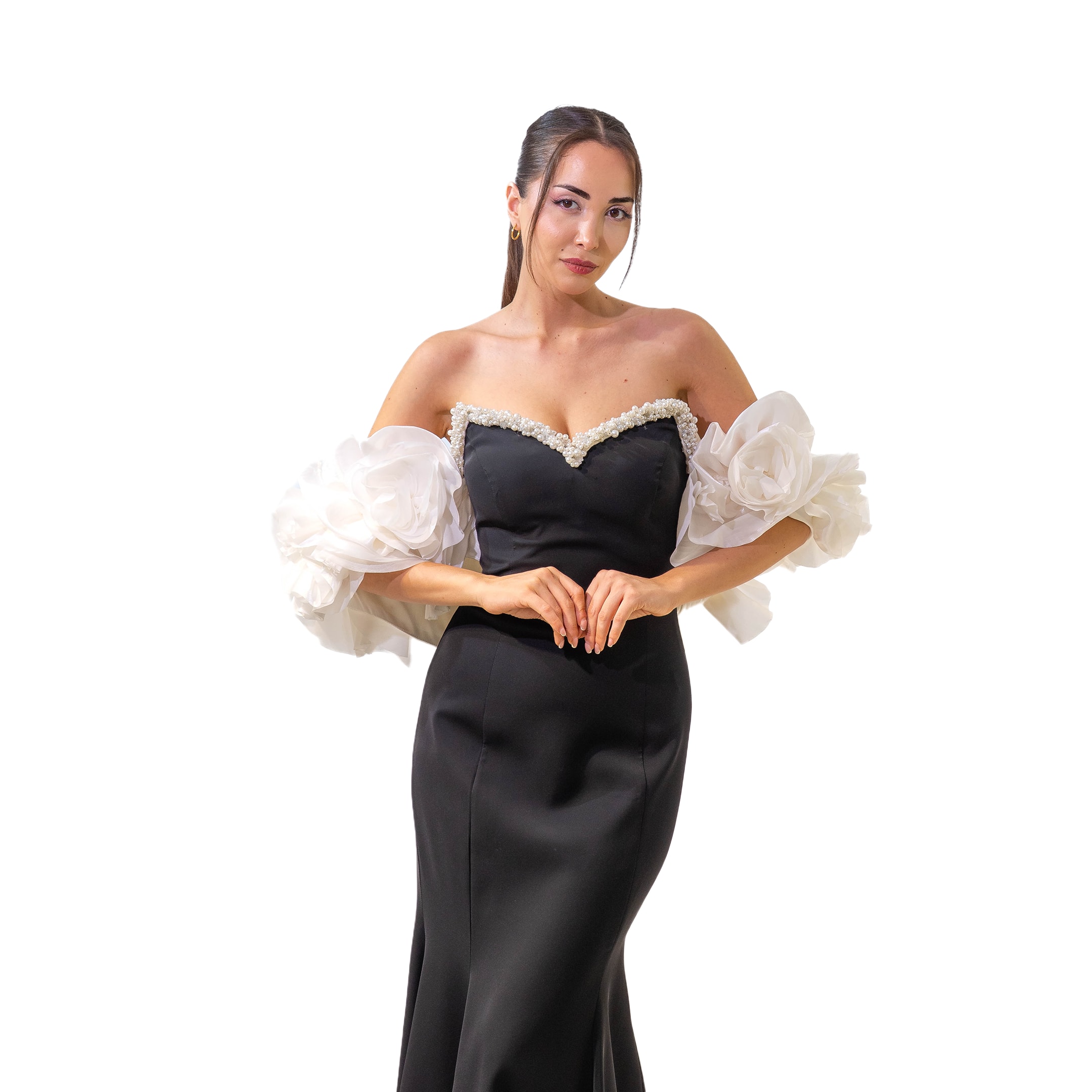 Büyüleyici Sivri Yaka İnci Detaylı Pelerin Kombinli Balık Siyah Abiye