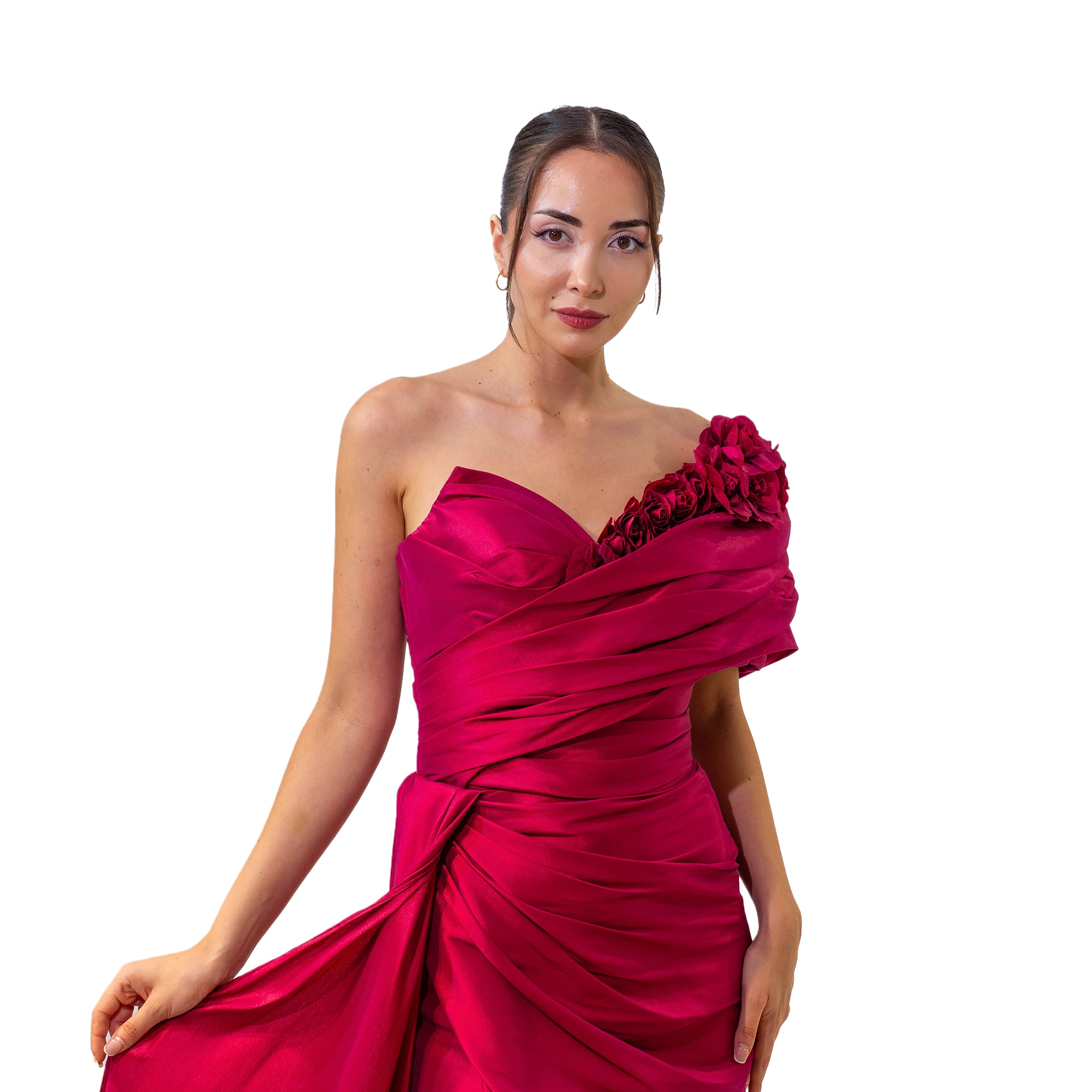 Henna Night Parlak Drape Tafta Kumaş Tek Omuz Gül Detaylı Bordo Elbise