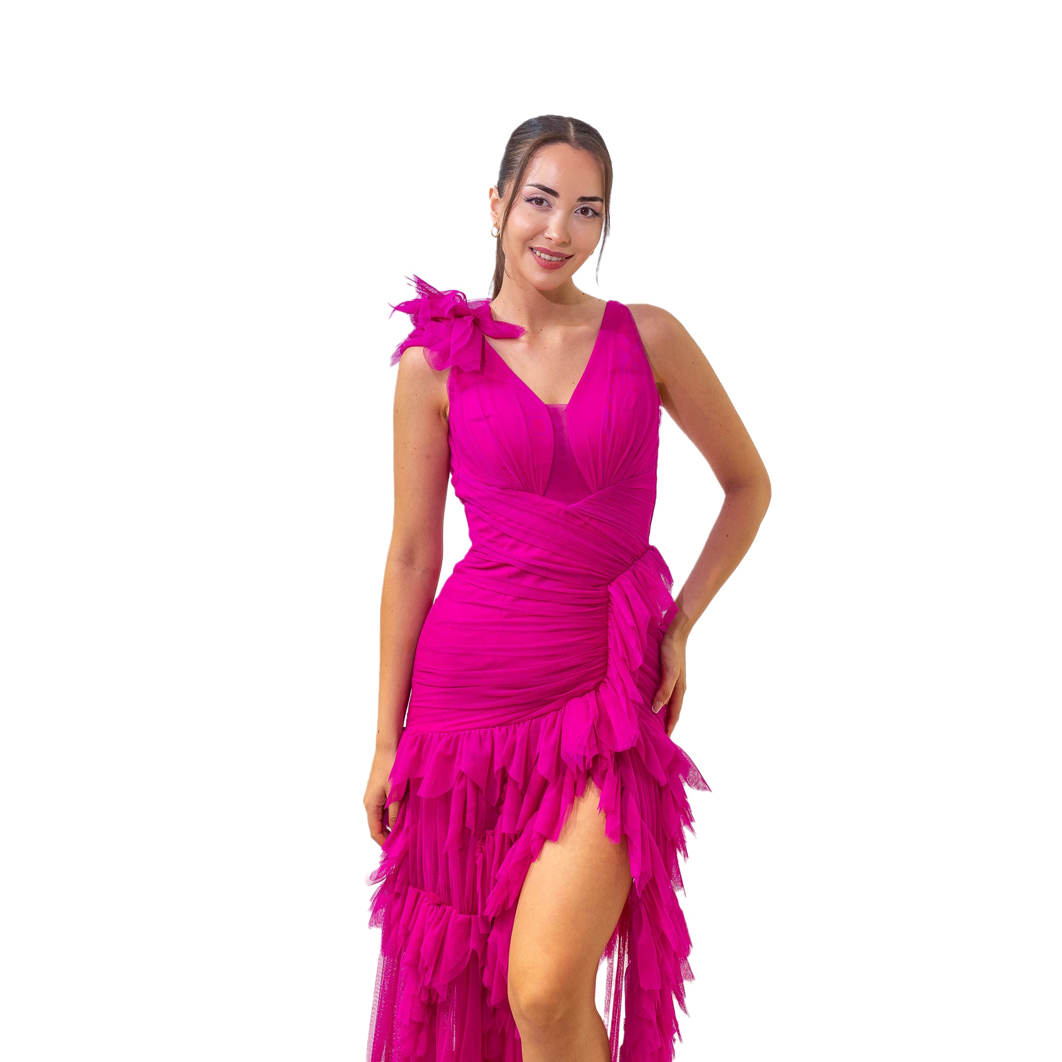 Karnaval Yırtmaçlı Tül Kumaş Fuşya Elbise
