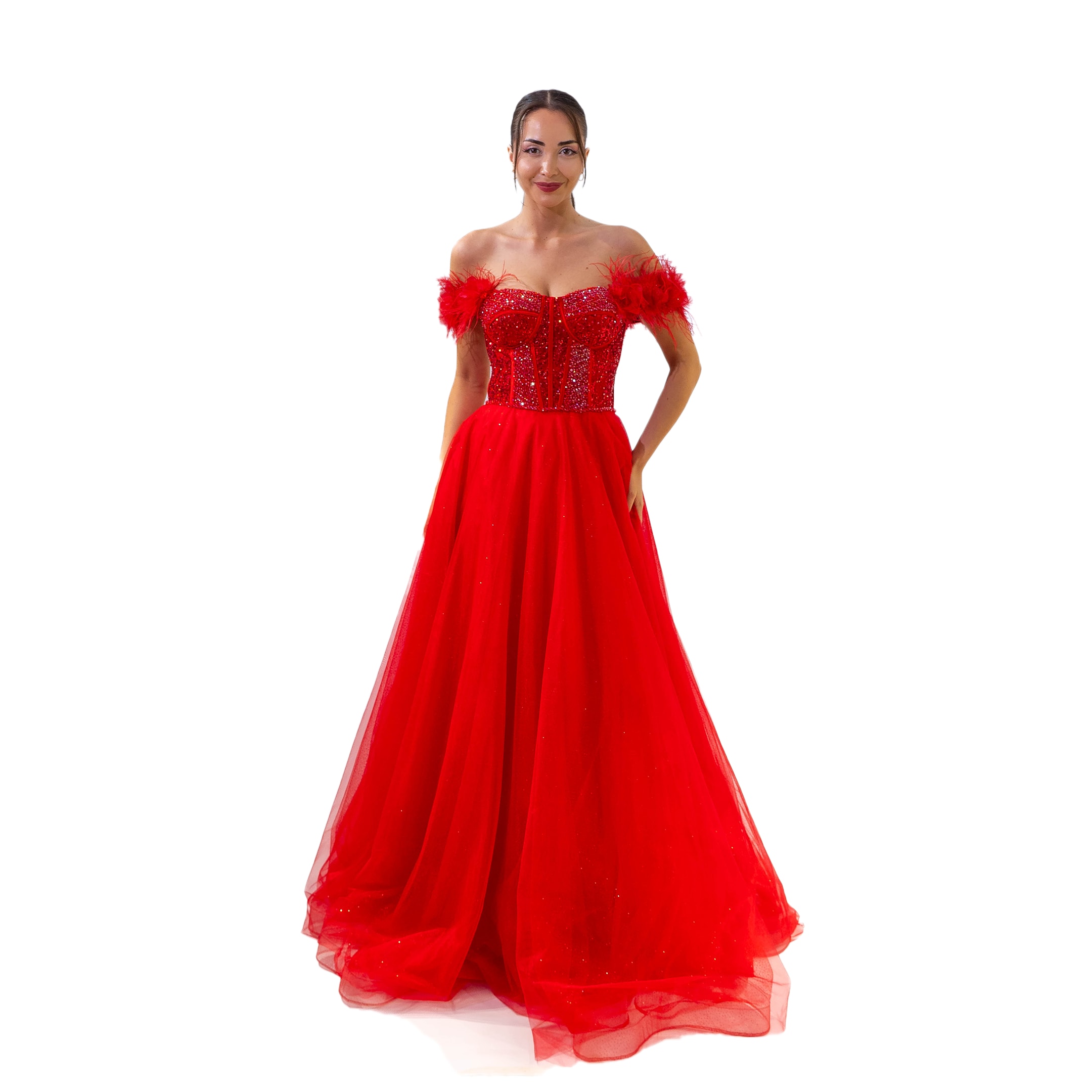 Henna Night Korsajlı Boncuklu Helen Tül Etek Kırmızı Uzun Elbise