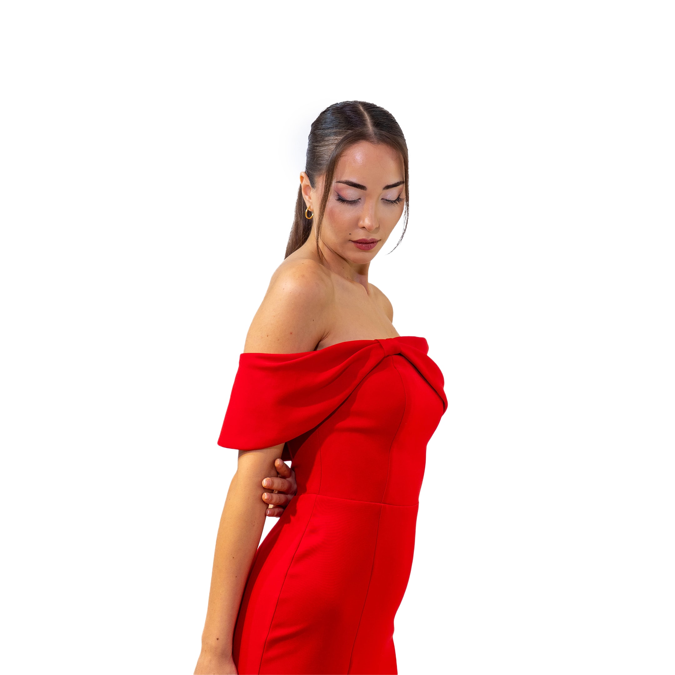 Henna Night Kayık Yaka Krep Kumaş Kırmızı Balık Elbise