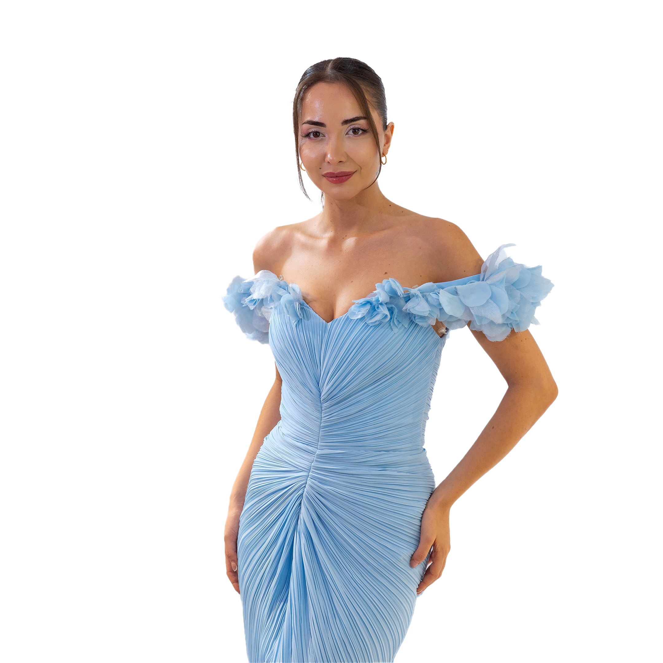 Vakko Stil Kayık Yaka Yırtmaçlı Plise Kumaş Mavi Elbise