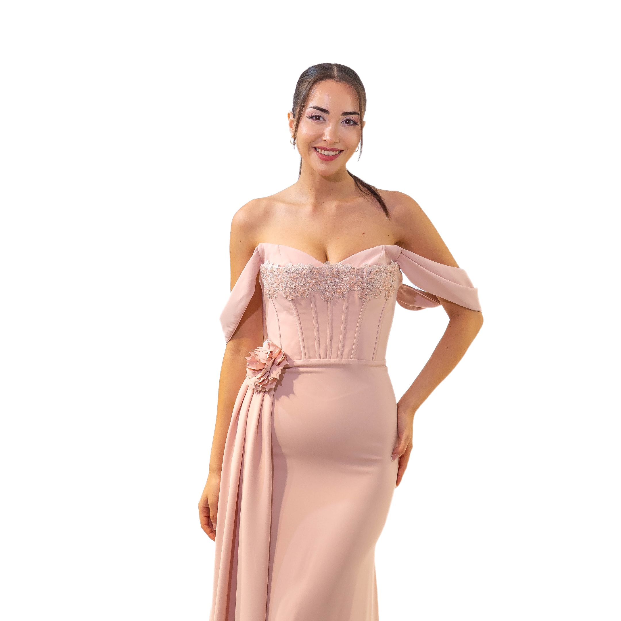 Sindirella Madonna Yaka Korsaj Detaylı Pudra Uzun Elbise