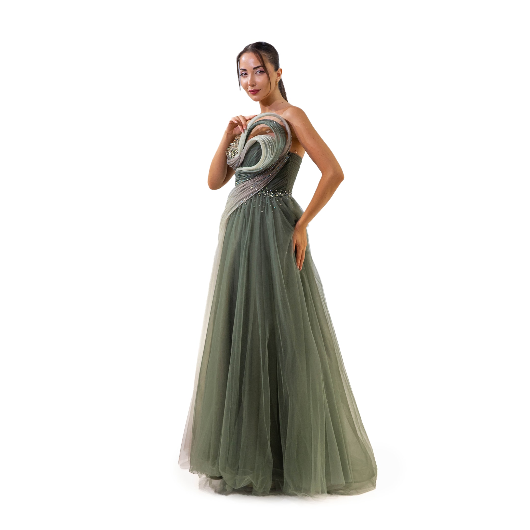 Alacarte Plise Yaka Detaylı Tül Helen Model Uzun Mint Yeşil Elbise