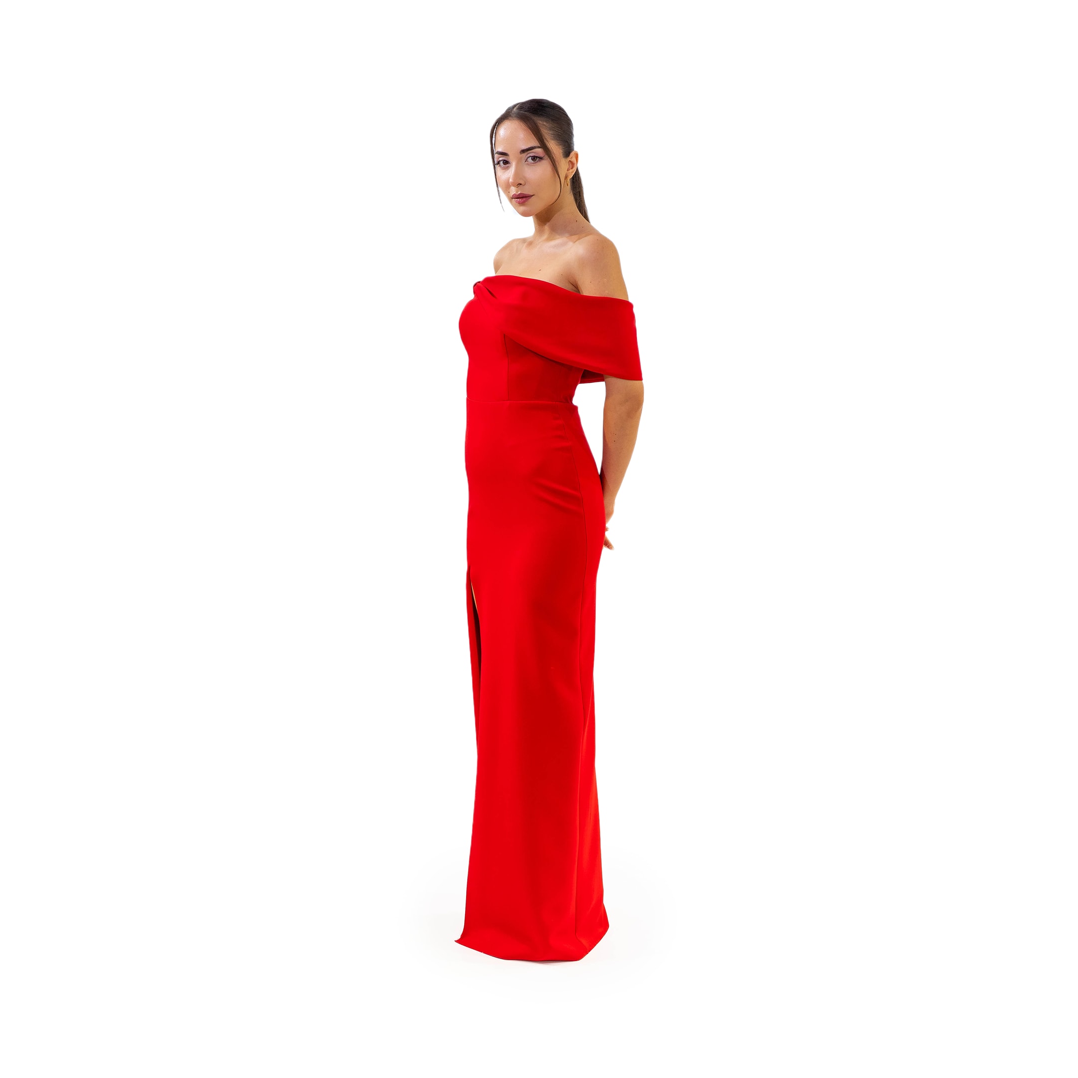 Henna Night Kayık Yaka Krep Kumaş Kırmızı Balık Elbise