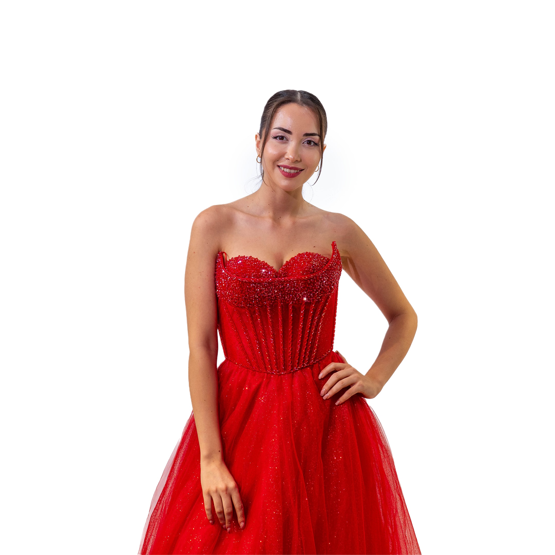 Henna Night Çift Yaka Korsajlı Boncuklu Simli Tül Etek Kırmızı Elbise