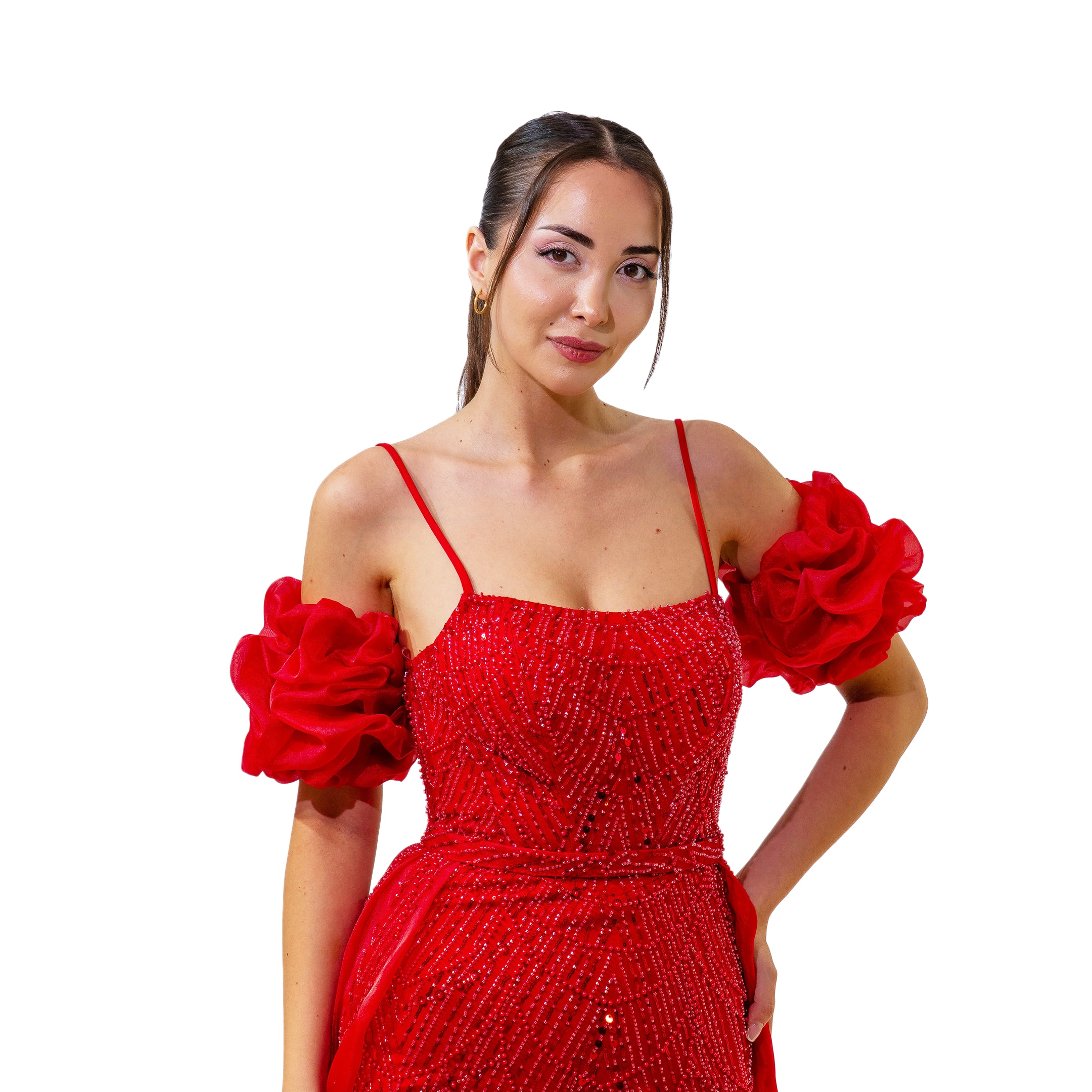 Henna Night U Yaka Boncuk Detaylı Belden Pelerinli Balon Kol Kırmızı Elbise