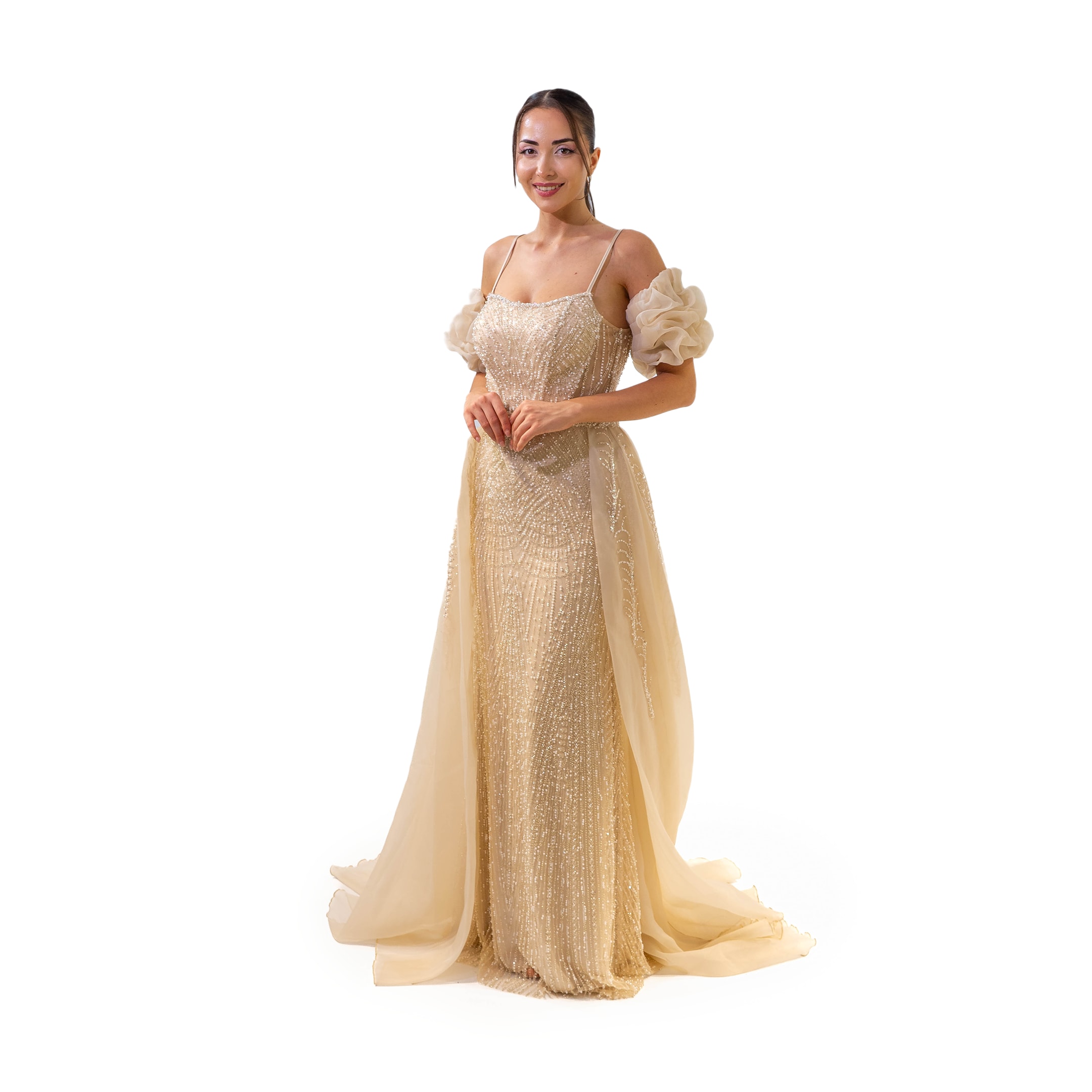 Büyüleyici U Yaka Boncuk Detaylı Belden Pelerinli Bej Elbise