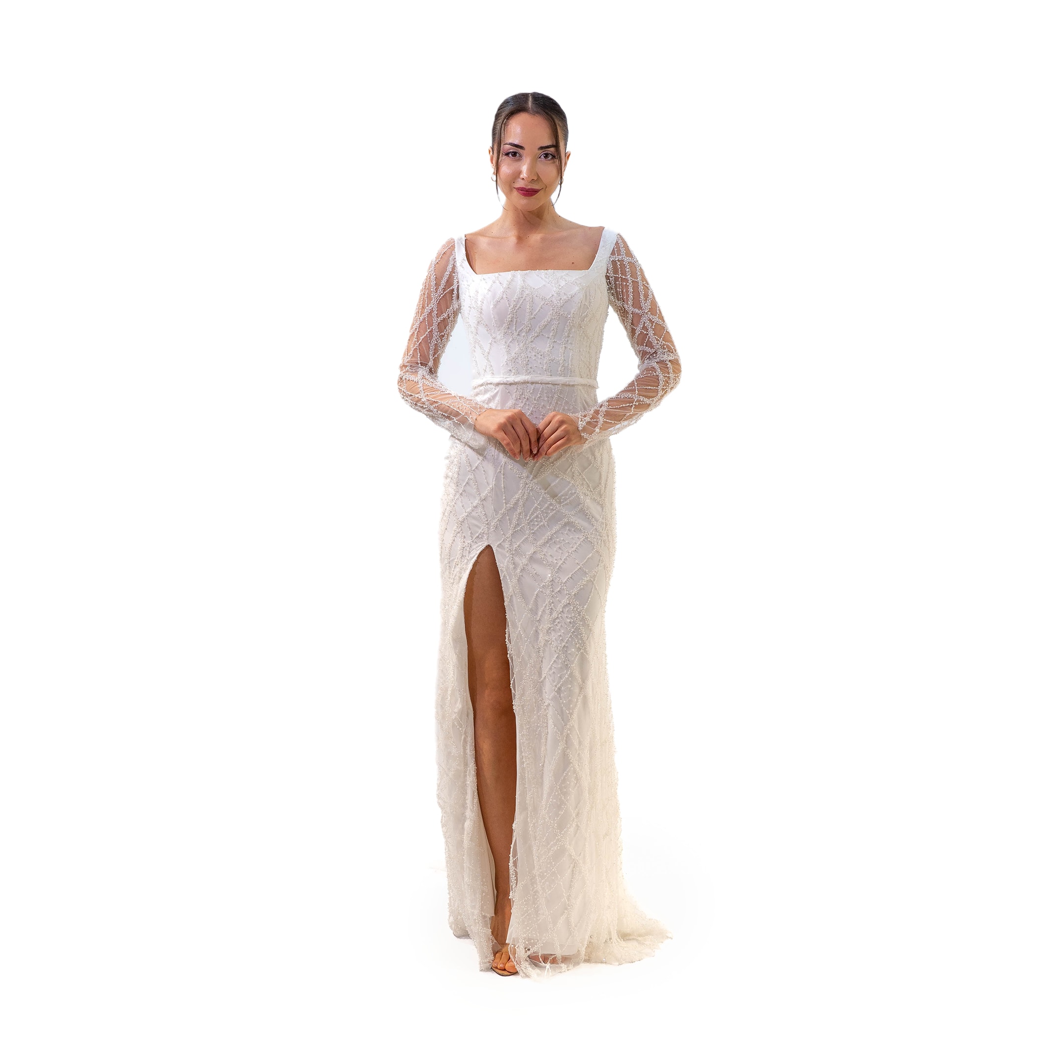 Kuğu Uzun Kol Kare Yaka Boncuklu Uzun Beyaz Elbise