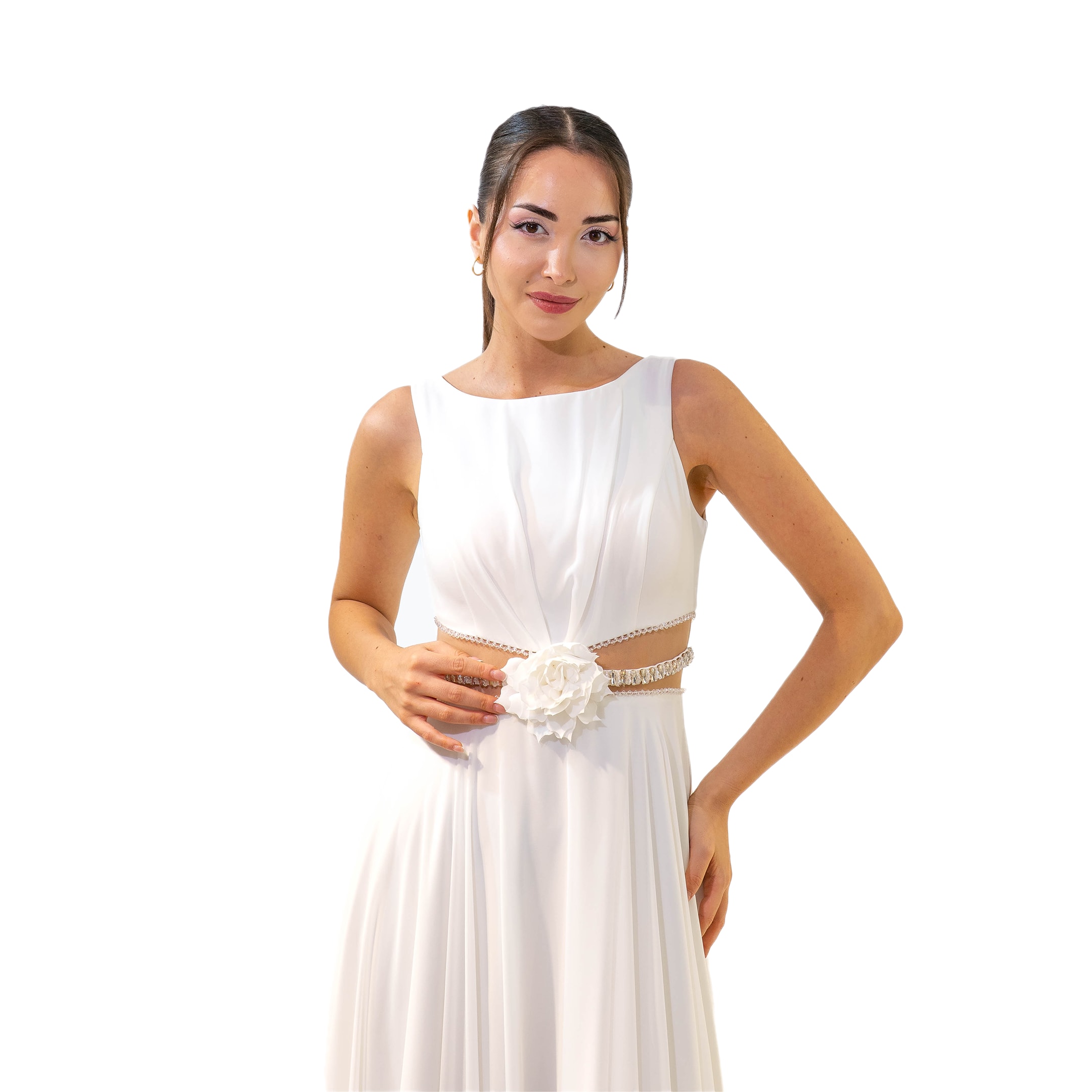 Kuğu Şifon Bel Dekolteli Uzun Ekru Elbise