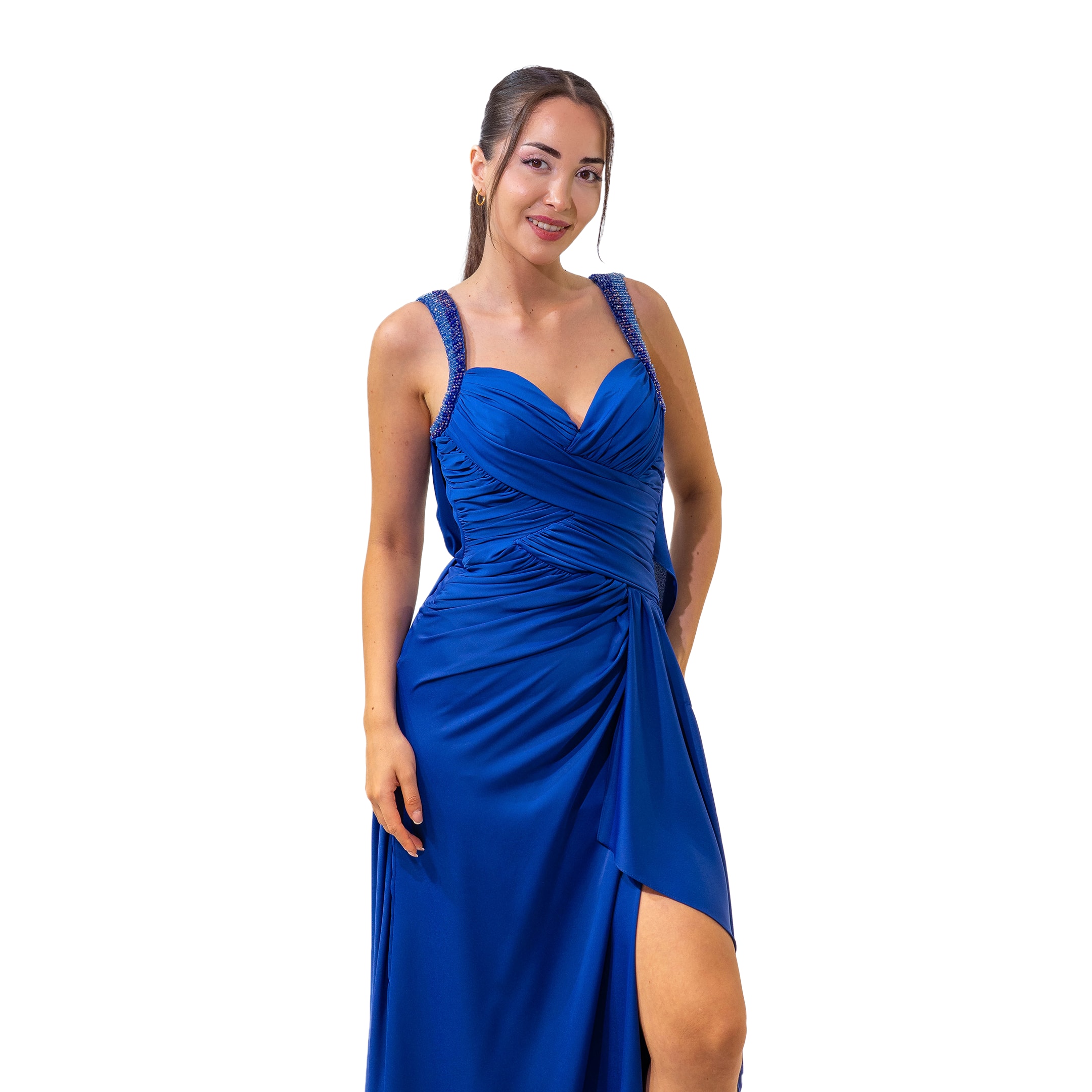 Gökyüzü Drapeli Öpücük Yaka Sırt Dekolteli Saks Mavi Elbise