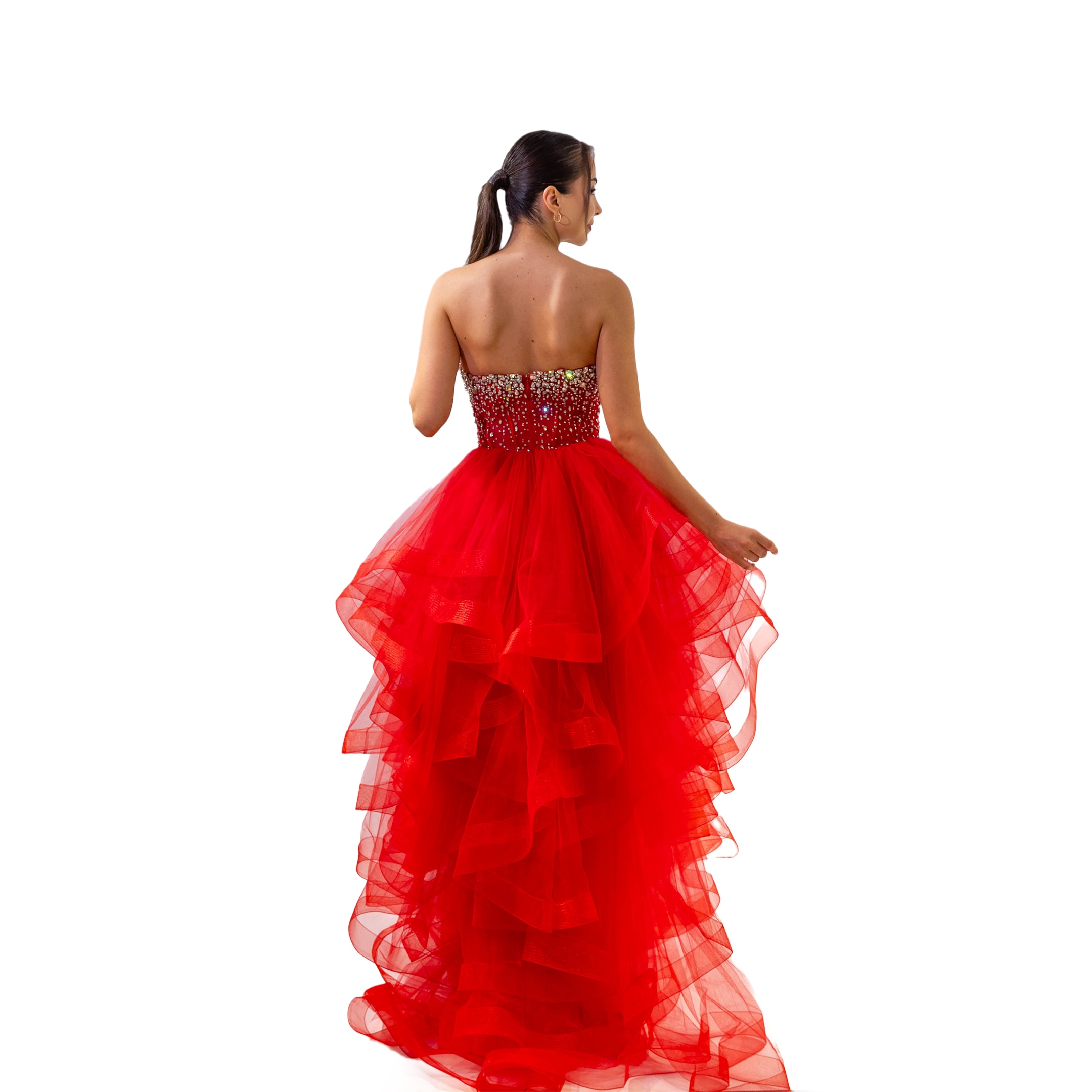 Henna Night Sivri Yaka Büstiyer Üst Taşlı Etek Kat Fırfır Detaylı Kırmızı Elbise