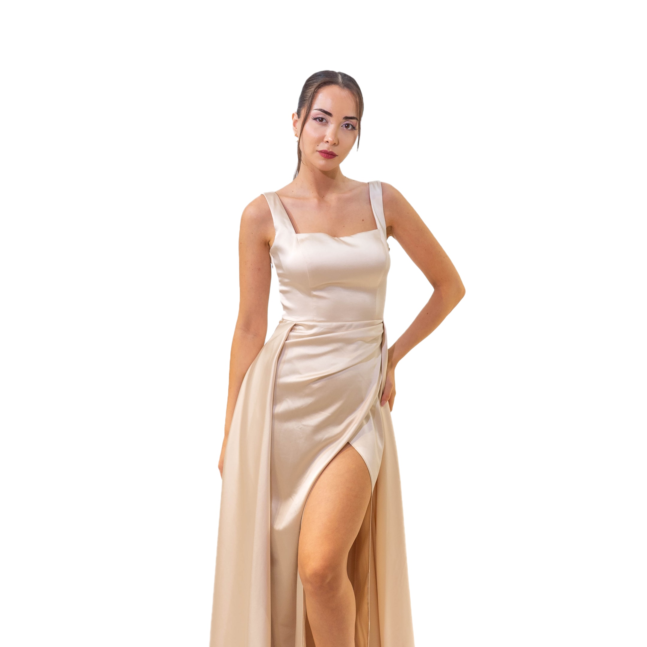 Duru Kare Yaka Saten Kuyruklu Uzun Şeftali Elbise