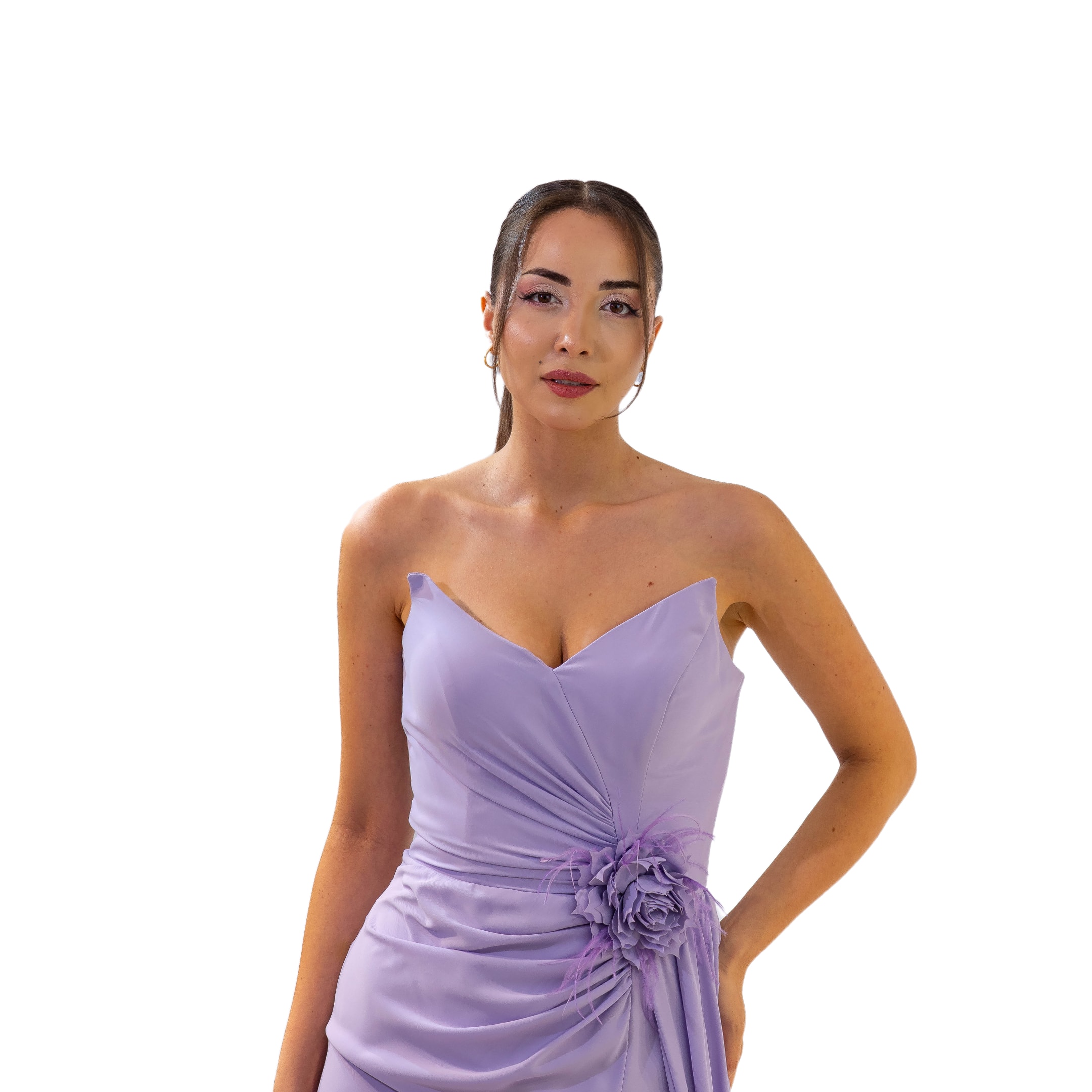 Karnaval Şifon Straplez Gül Detaylı Lila Elbise