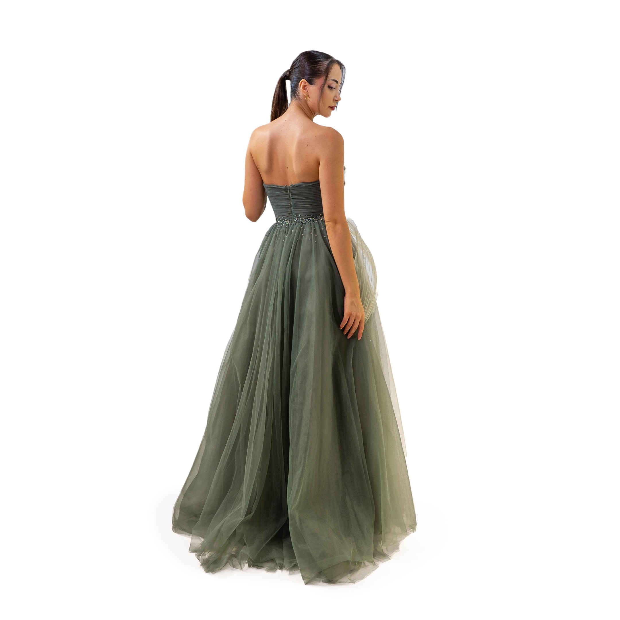 Alacarte Plise Yaka Detaylı Tül Helen Model Uzun Mint Yeşil Elbise