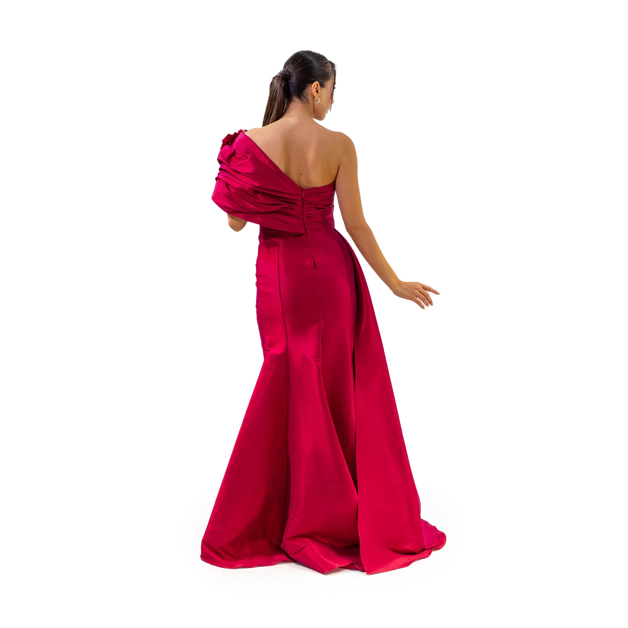 Henna Night Parlak Drape Tafta Kumaş Tek Omuz Gül Detaylı Bordo Elbise