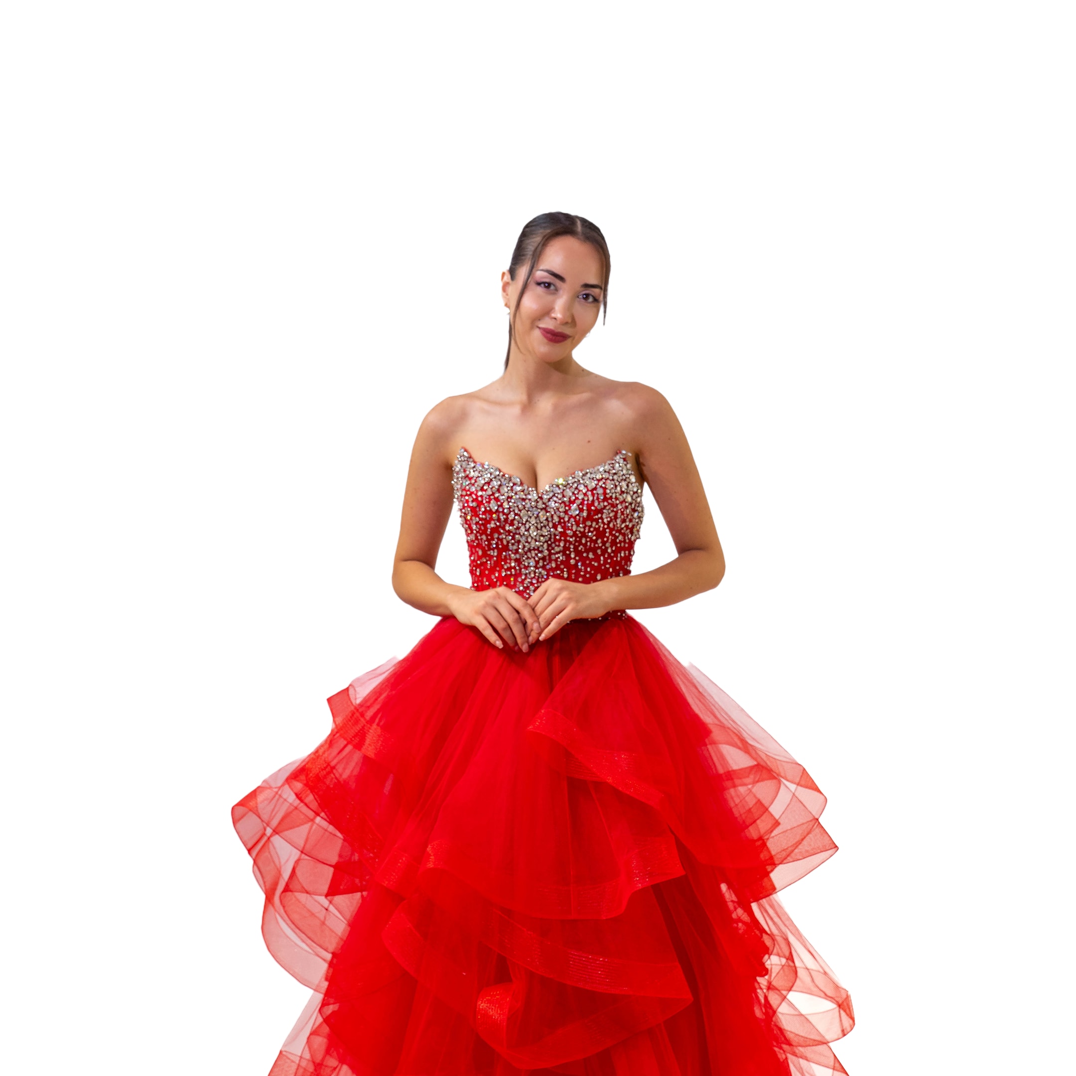 Henna Night Sivri Yaka Büstiyer Üst Taşlı Etek Kat Fırfır Detaylı Kırmızı Elbise