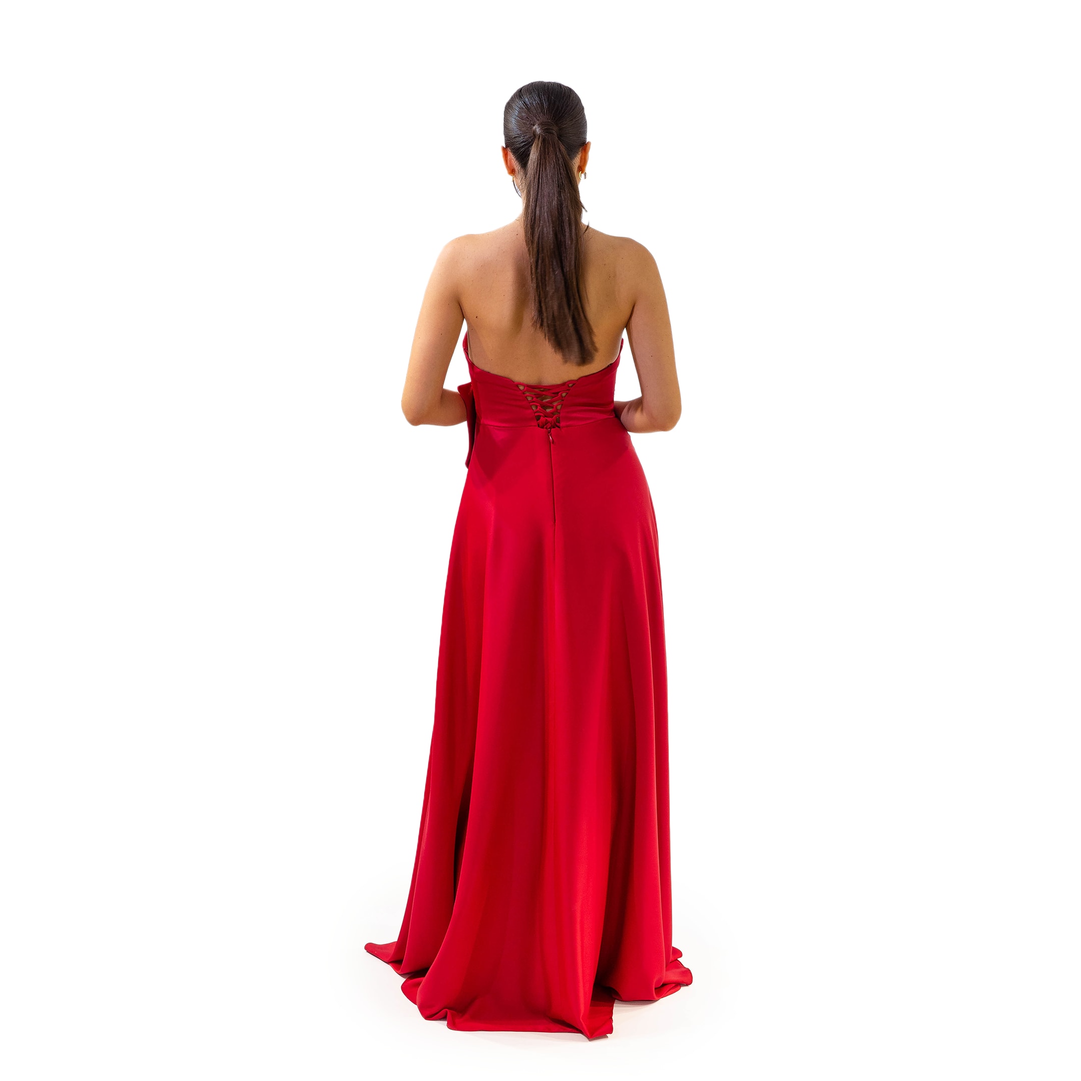 Henna Night Sivri Yaka Parlak Saten Kloş Bordo Uzun Elbise